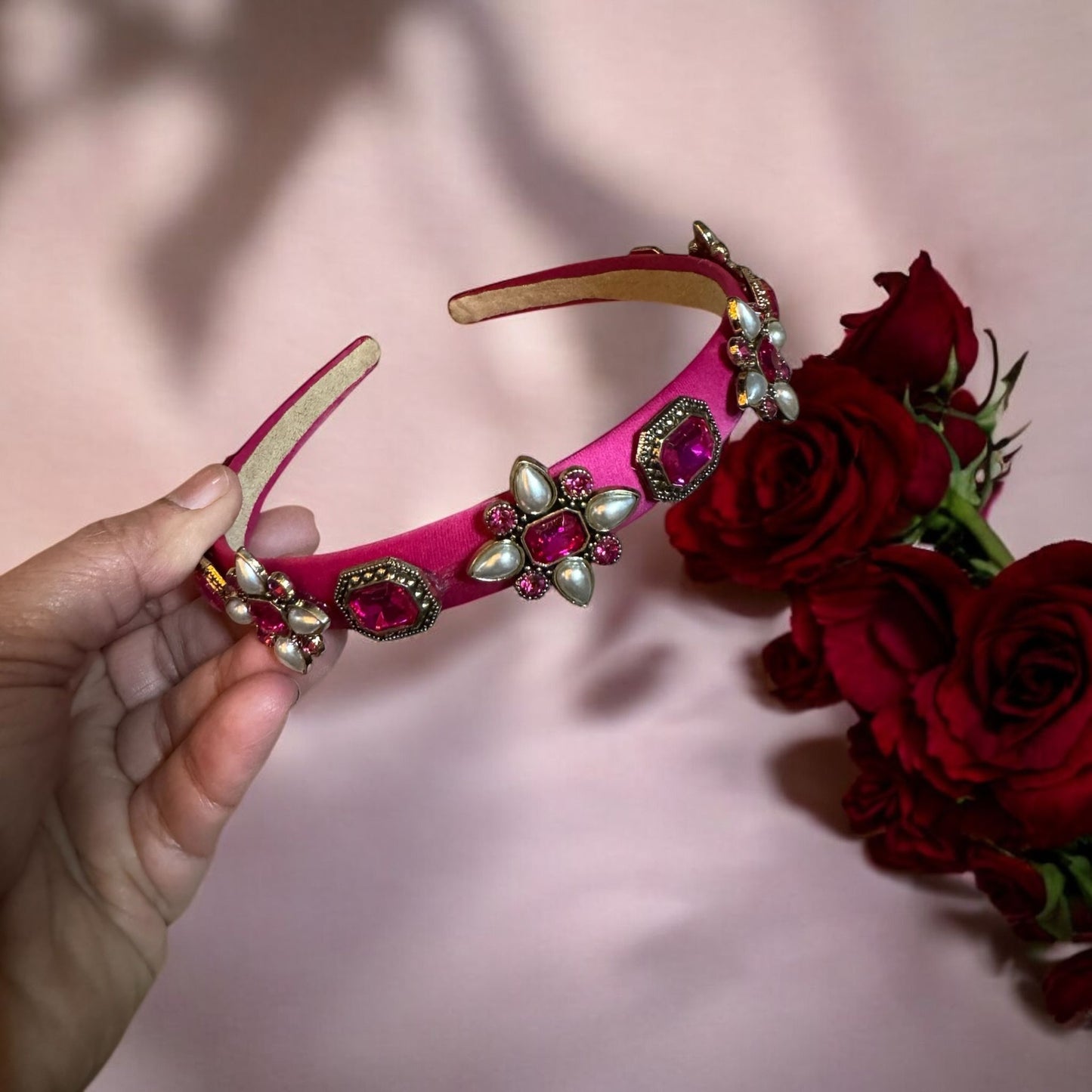 Headband Satin 1/2 Inch Flower and Square Ornamental Stones Pink