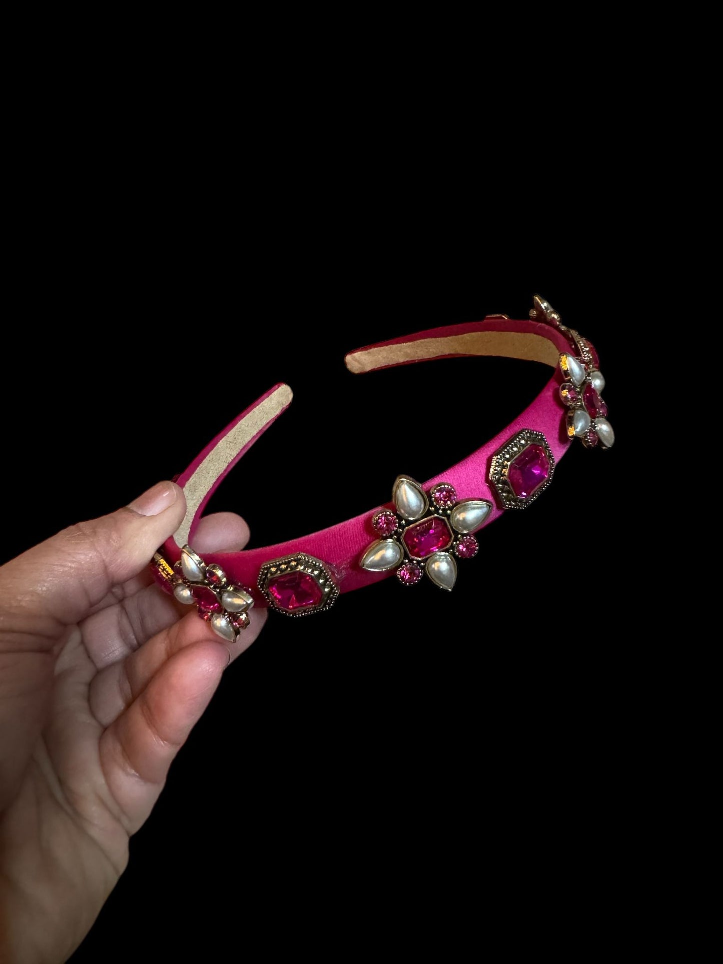 Headband Satin 1/2 Inch Flower and Square Ornamental Stones Pink