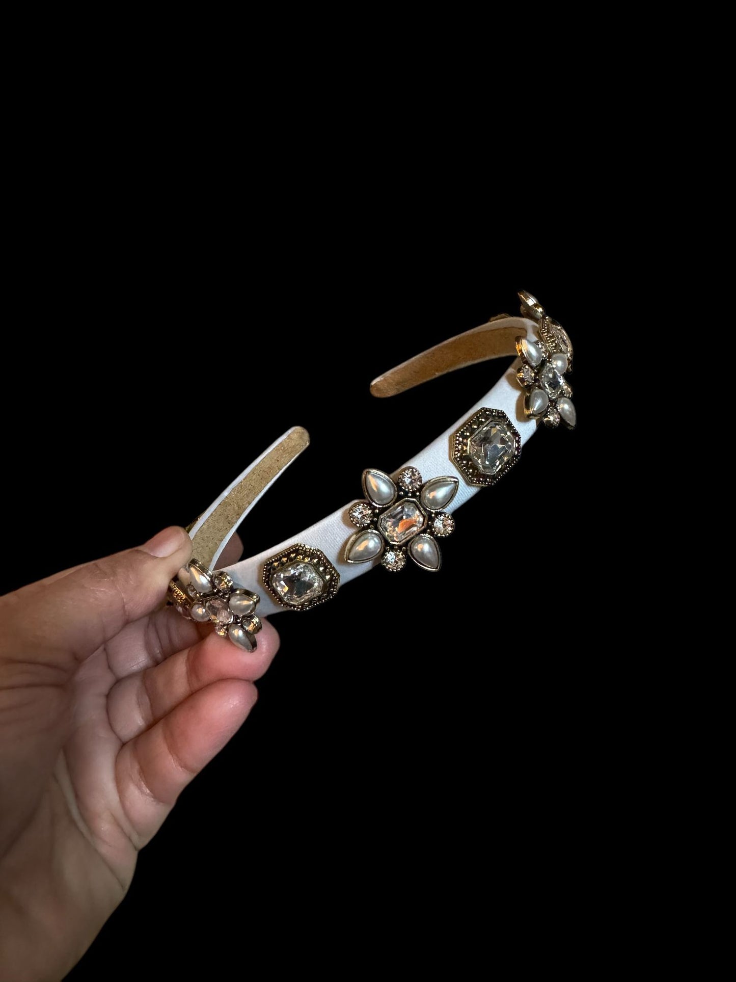 Headband Satin 1/2 Inch Flower and Square Ornamental Stones White