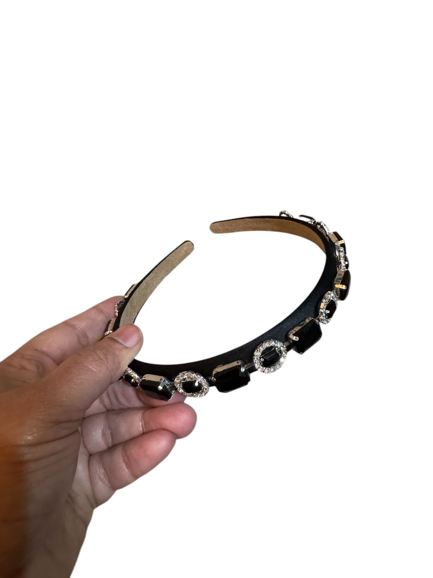 Headband Satin 1/2 Inch Round and Square Ornamental Stones Black