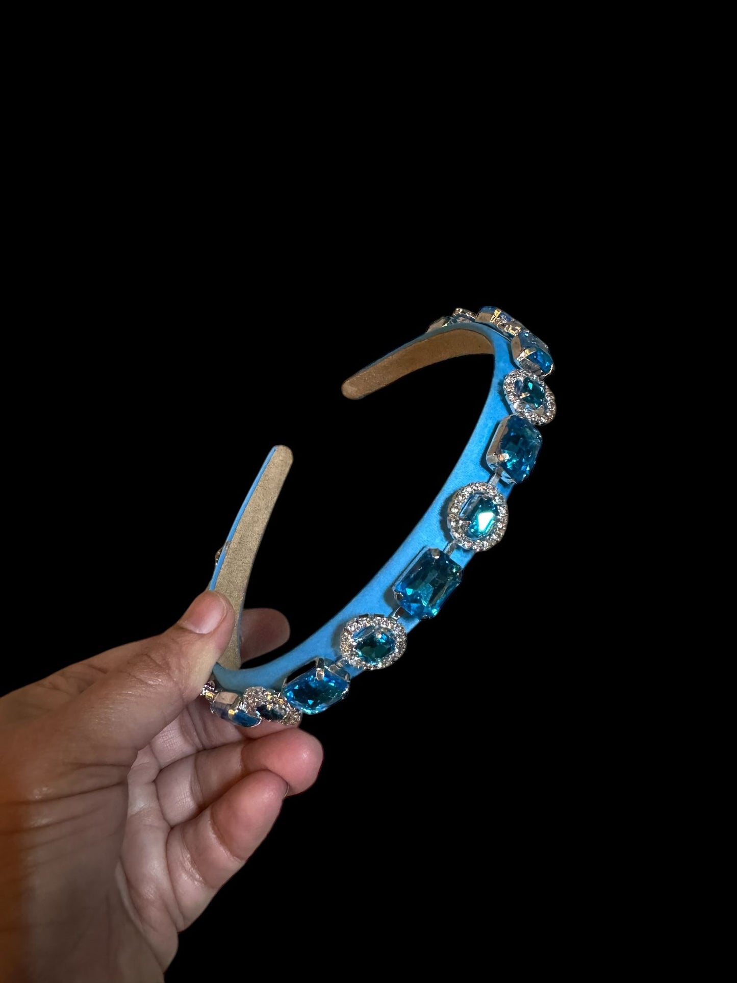 Headband Satin 1/2 Inch Round and Square Ornamental Stones Blue