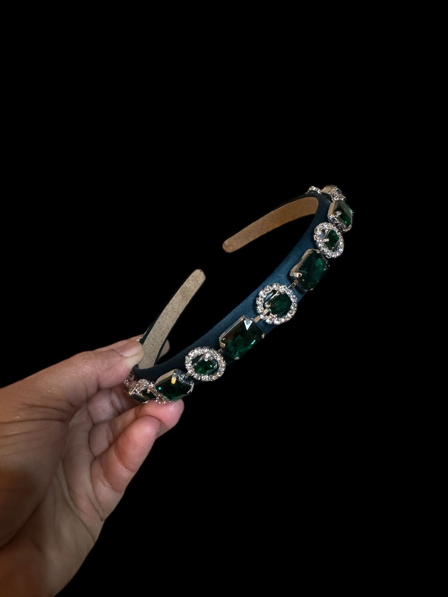Headband Satin 1/2 Inch Round and Square Ornamental Stones Dark Green