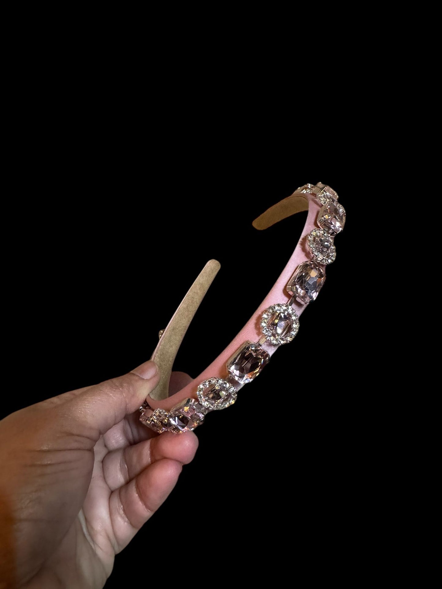 Headband Satin 1/2 Inch Round and Square Ornamental Stones Pink