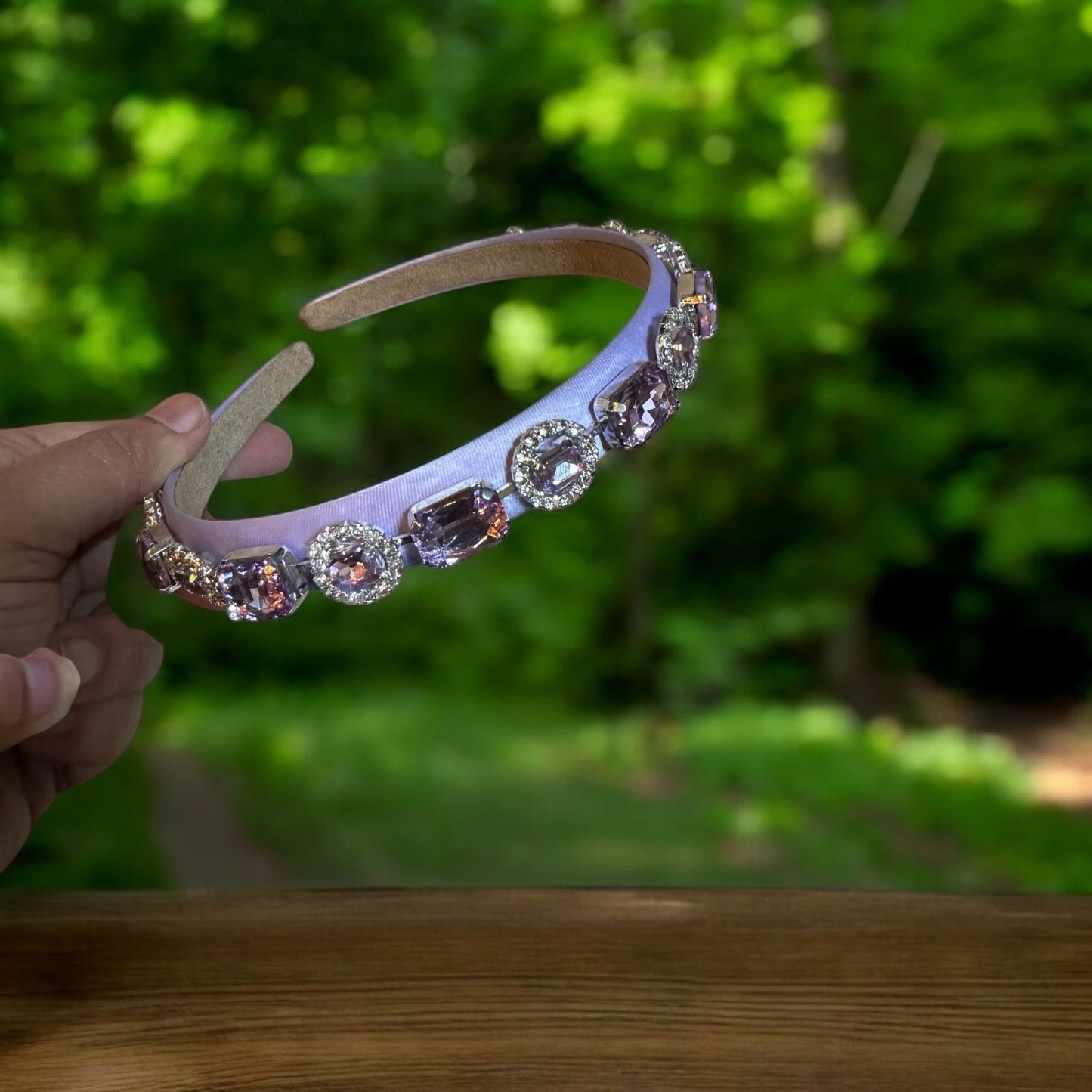 Headband Satin 1/2 Inch Round and Square Ornamental Stones Purple
