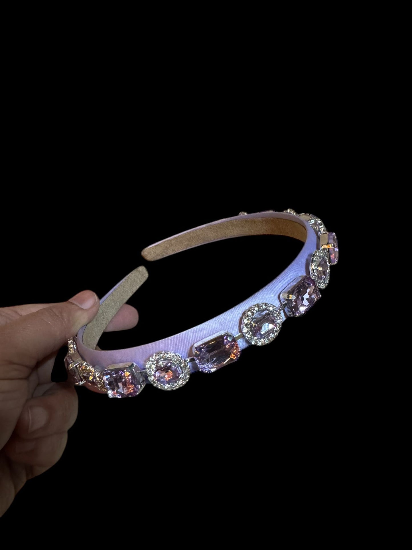Headband Satin 1/2 Inch Round and Square Ornamental Stones Purple