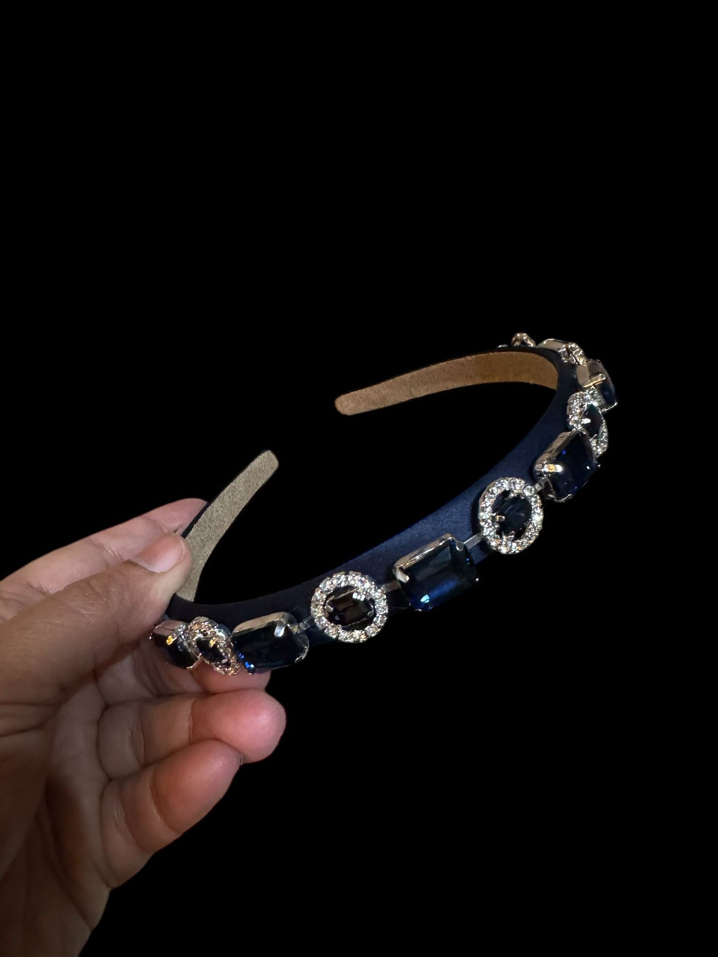 Headband Satin 1/2 Inch Round and Square Ornamental Stones Navy
