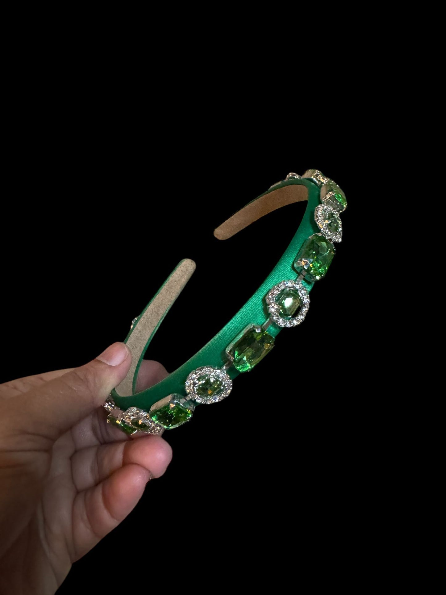 Headband Satin 1/2 Inch Round and Square Ornamental Stones Green