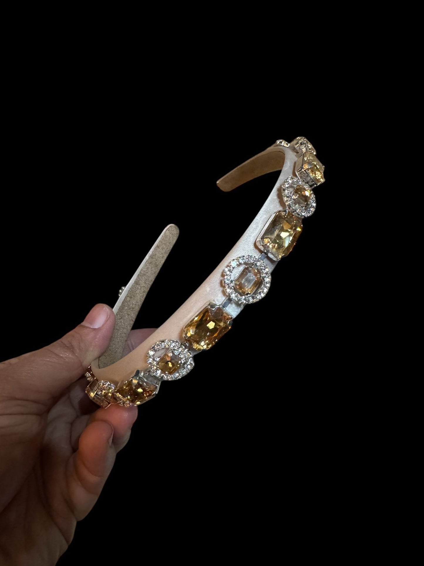Headband Satin 1/2 Inch Round and Square Ornamental Stones Beige