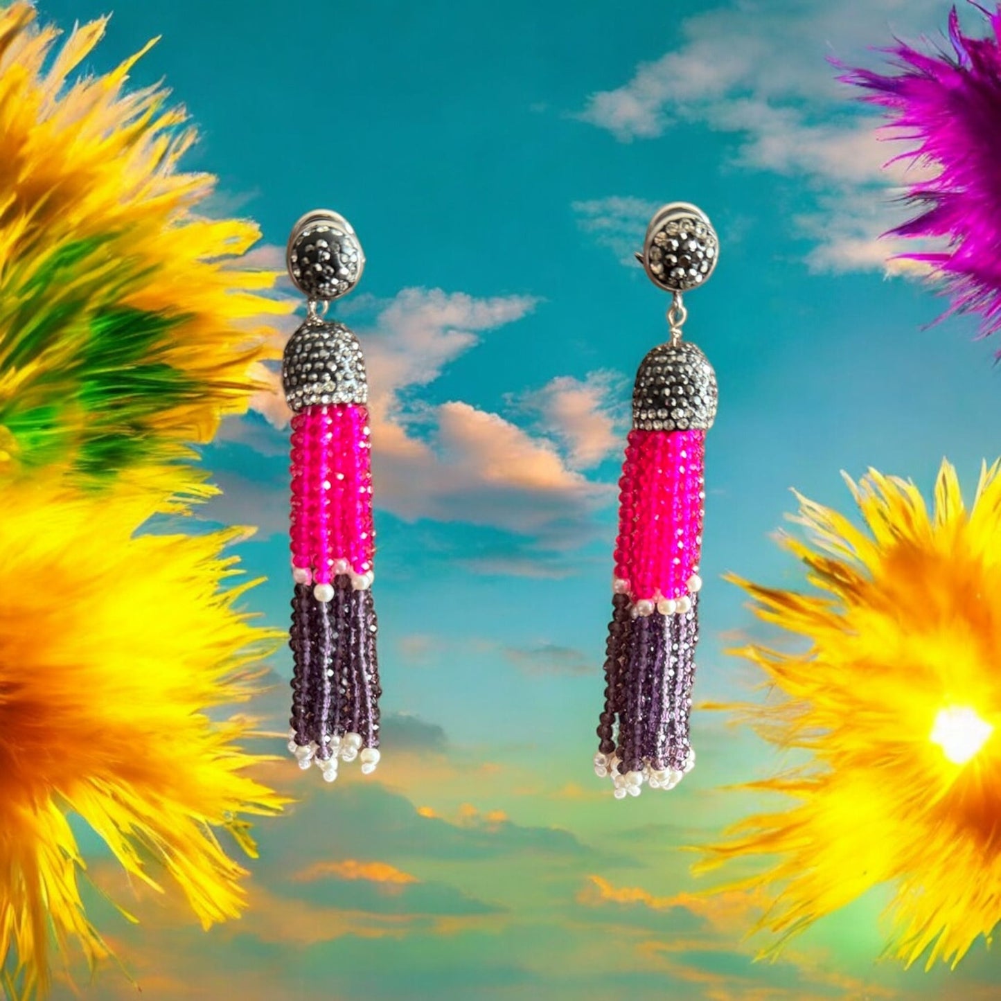 Earing Dual Color Crystal Tassels with Rhinestone Dome Pink / Purple