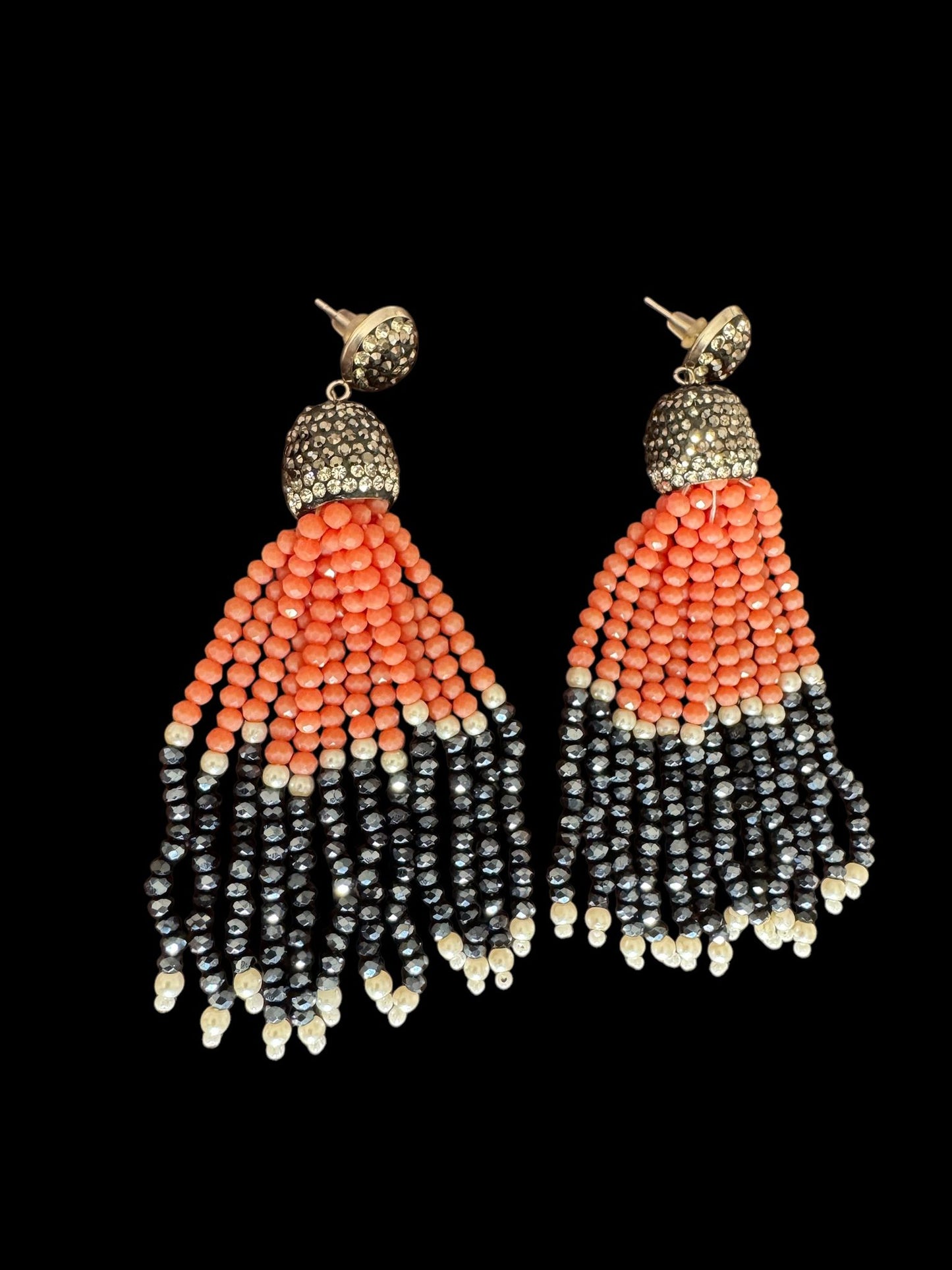 Earing Dual Color Crystal Tassels with Rhinestone Dome Coral / Navy