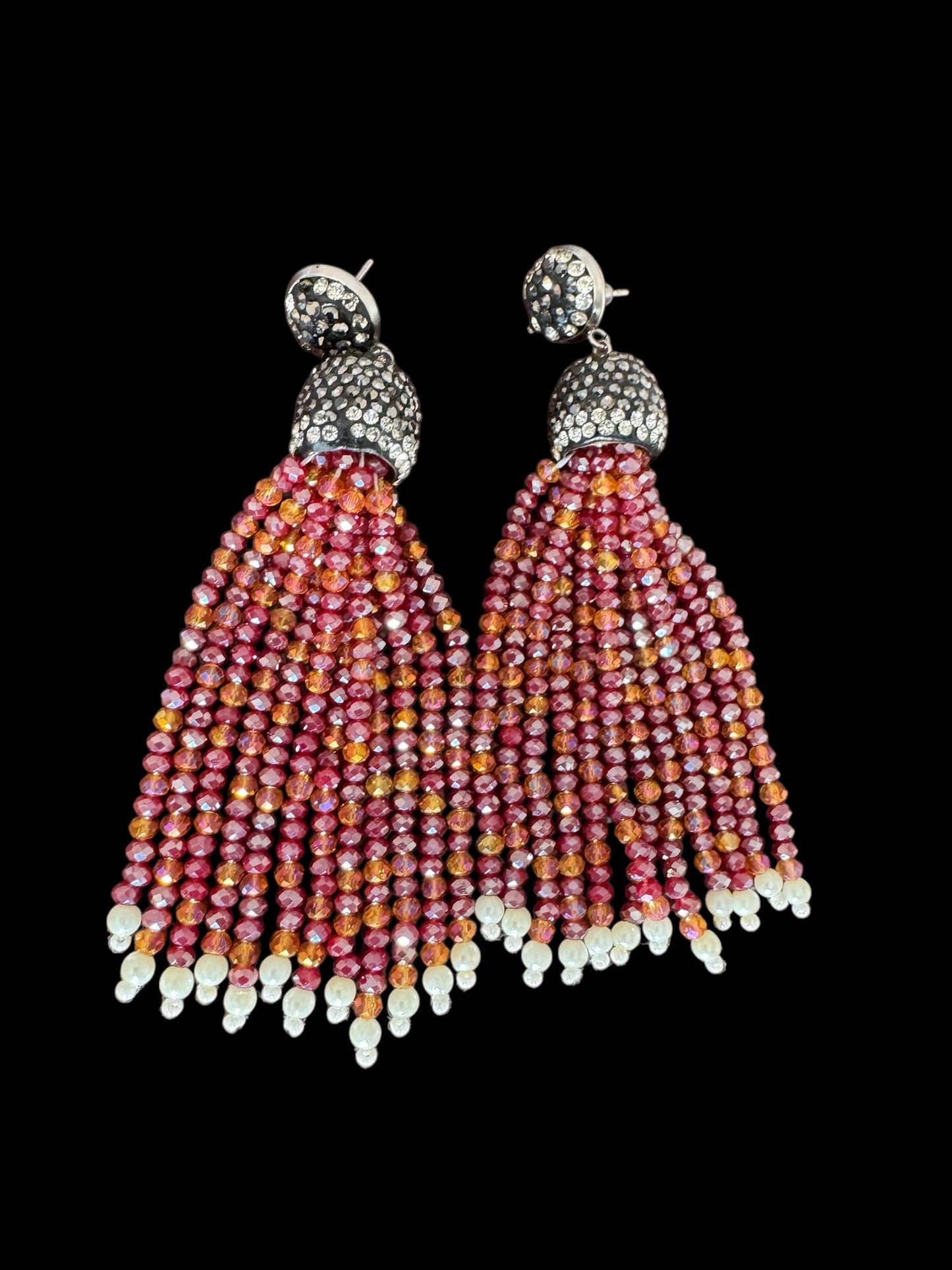 Earing Dual Color Crystal Tassels with Rhinestone Dome Red / Orange