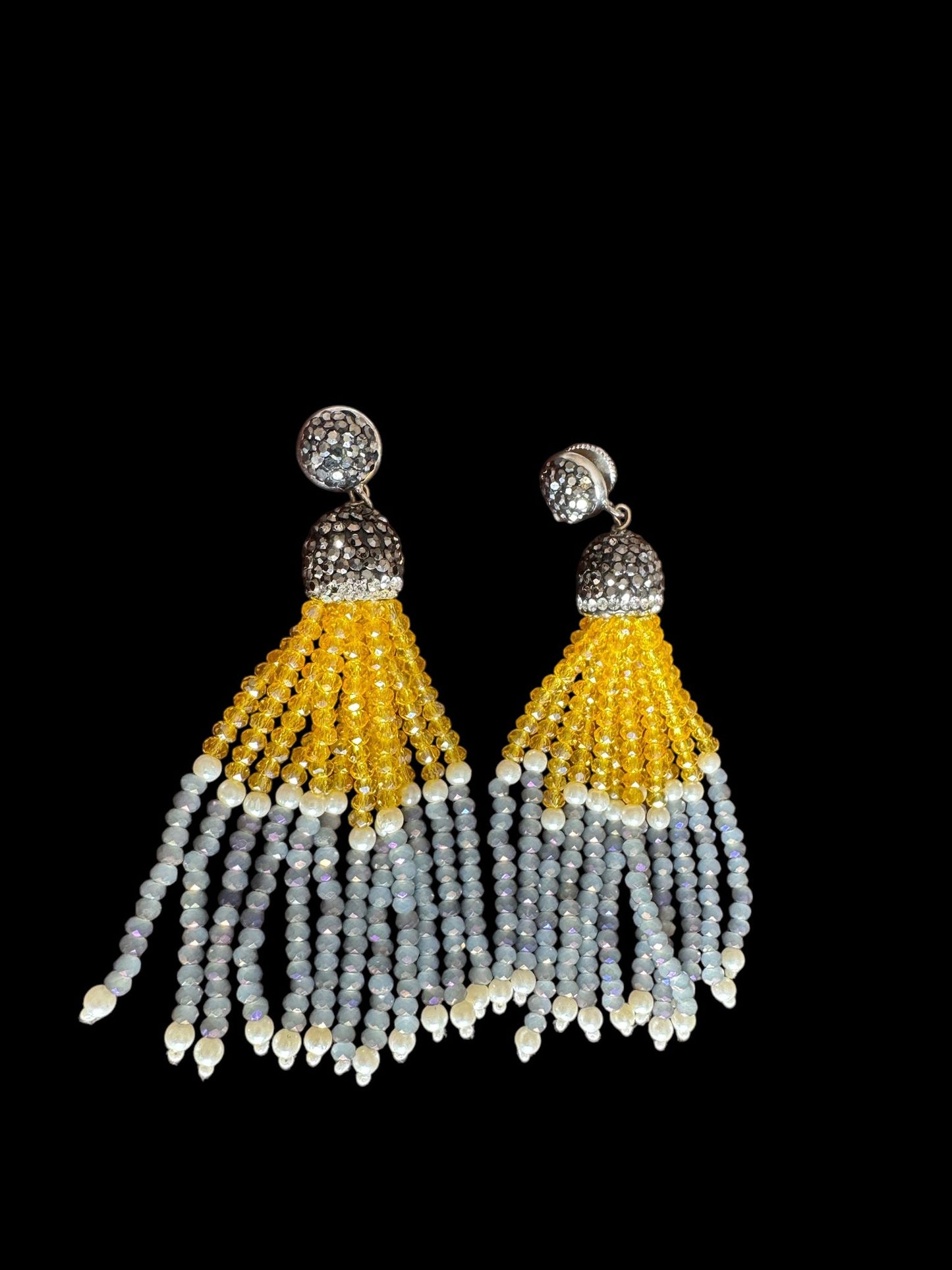 Earing Dual Color Crystal Tassels with Rhinestone Dome Yellow / Gray