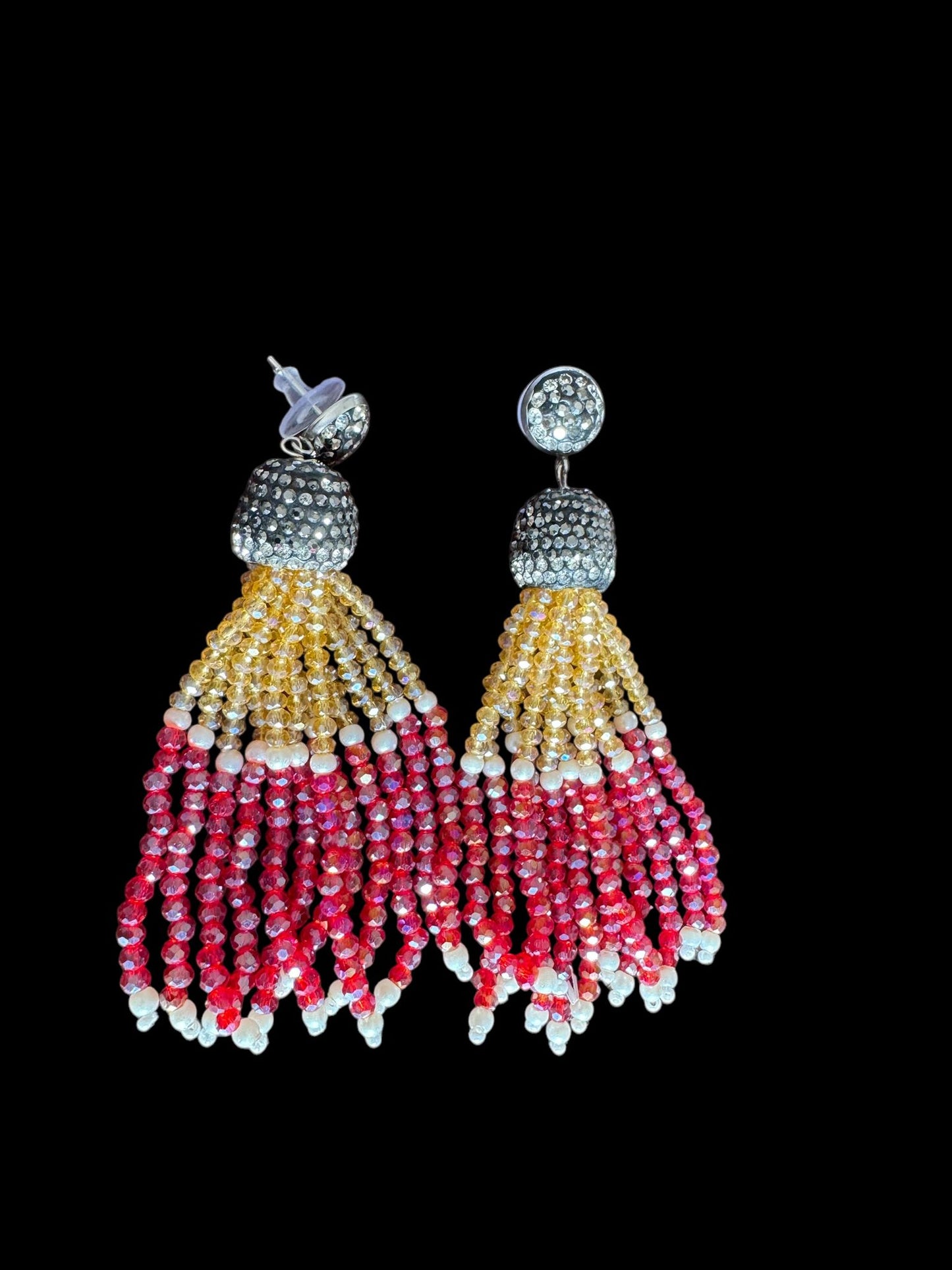 Earing Dual Color Crystal Tassels with Rhinestone Dome Gold / Red