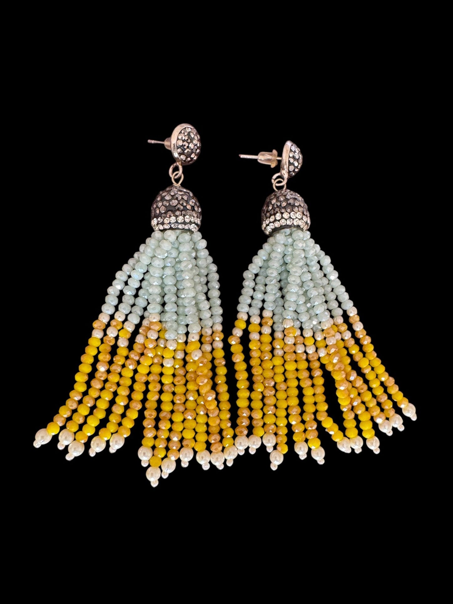 Earing Dual Color Crystal Tassels with Rhinestone Dome Mint Green / Yellow