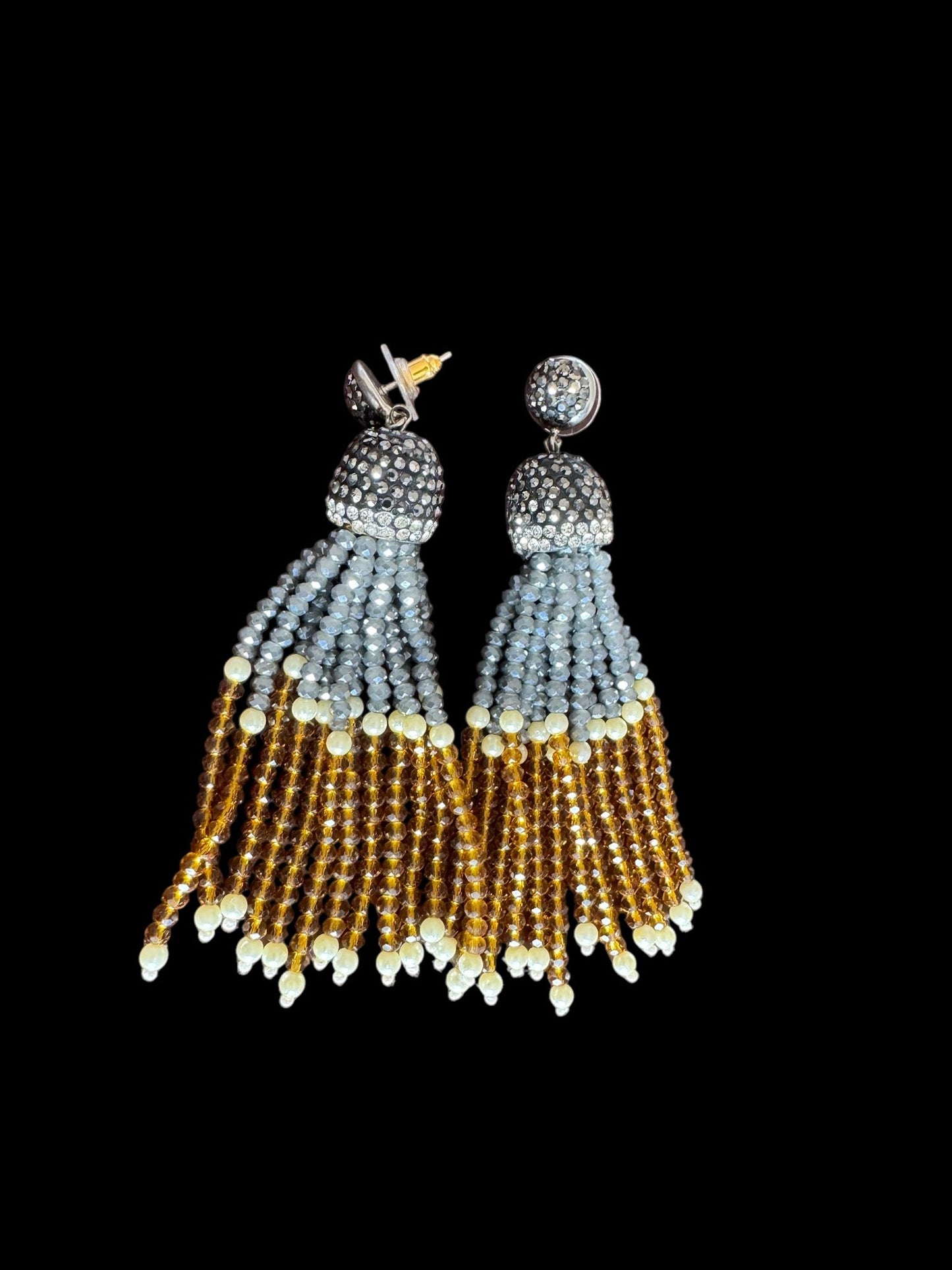 Earing Dual Color Crystal Tassels with Rhinestone Dome Gray / Bronze