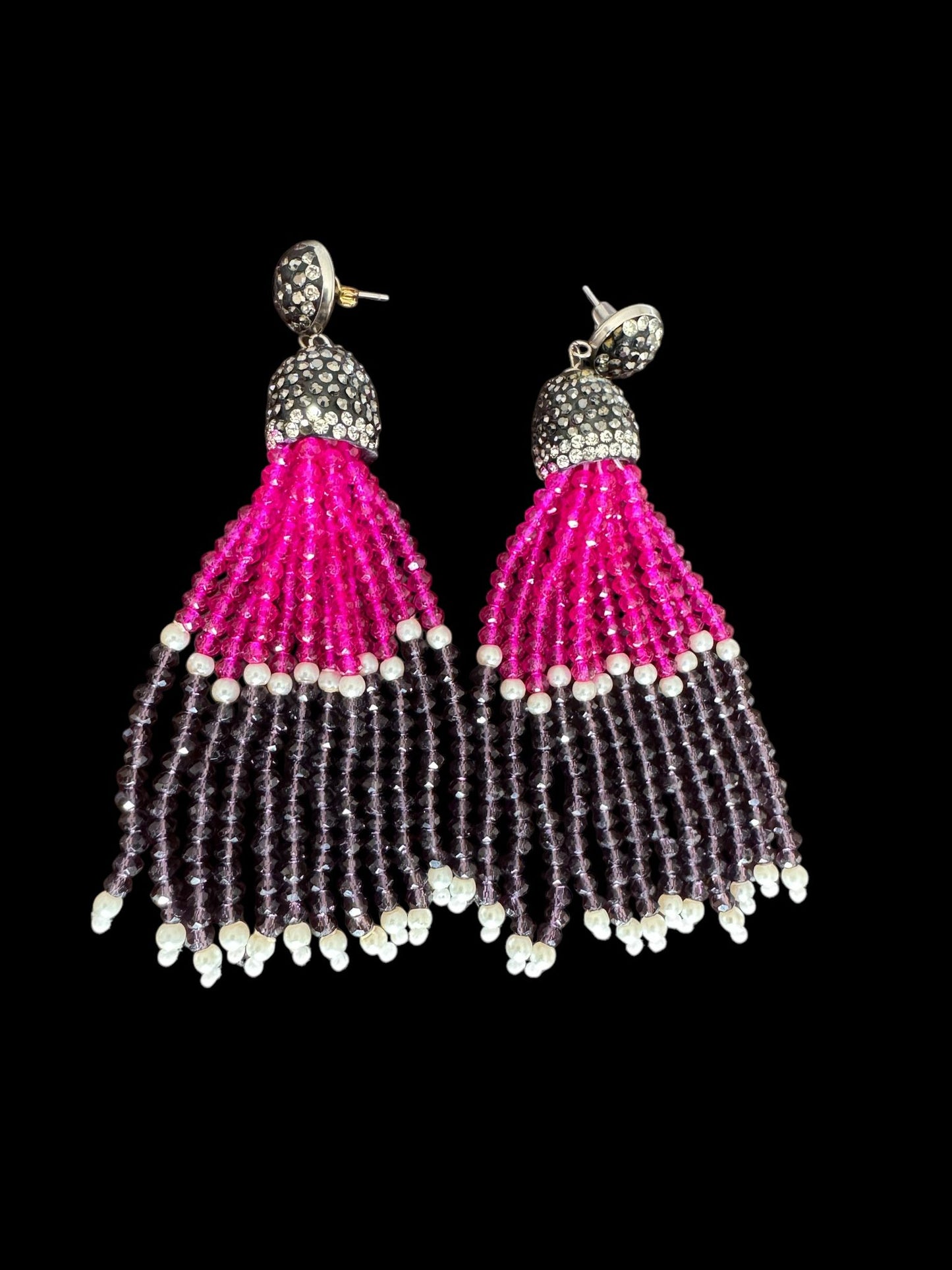 Earing Dual Color Crystal Tassels with Rhinestone Dome Pink / Purple