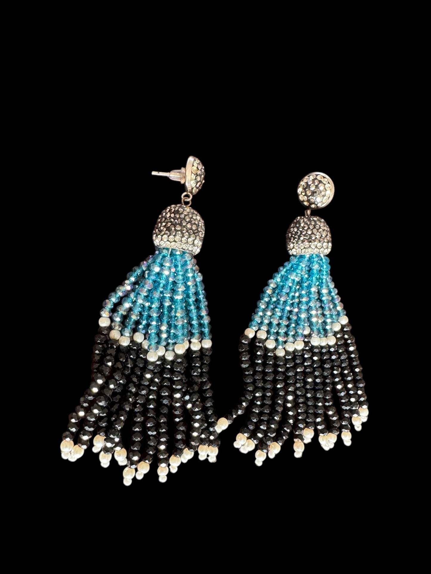 Earing Dual Color Crystal Tassels with Rhinestone Dome Blue / Black