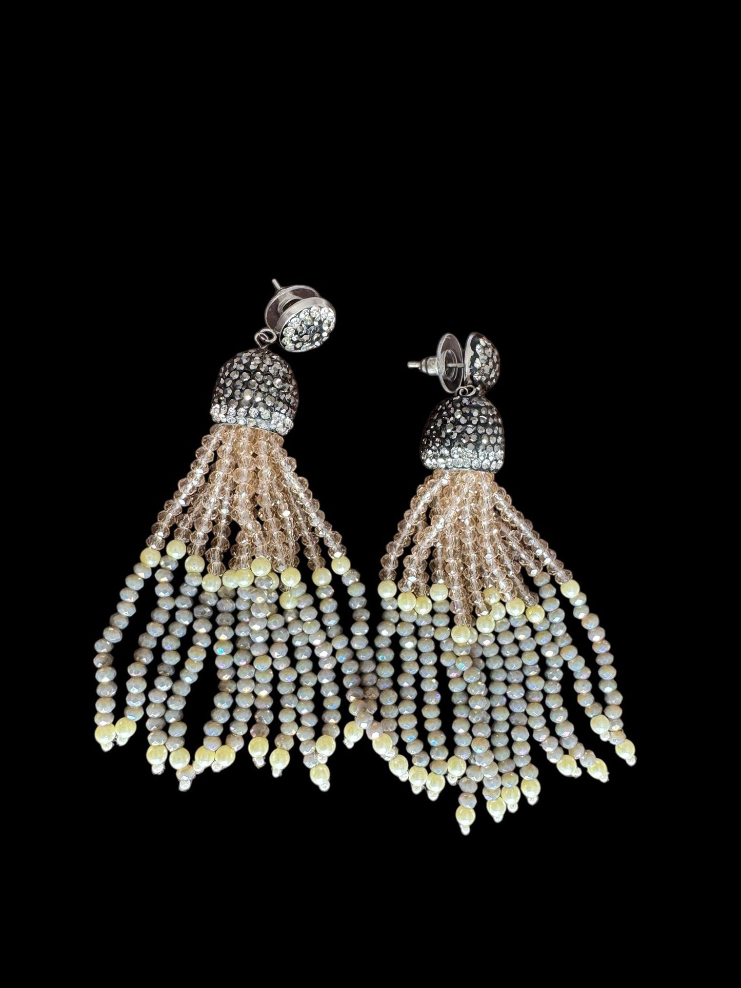 Earing Dual Color Crystal Tassels with Rhinestone Dome Brown / Gray