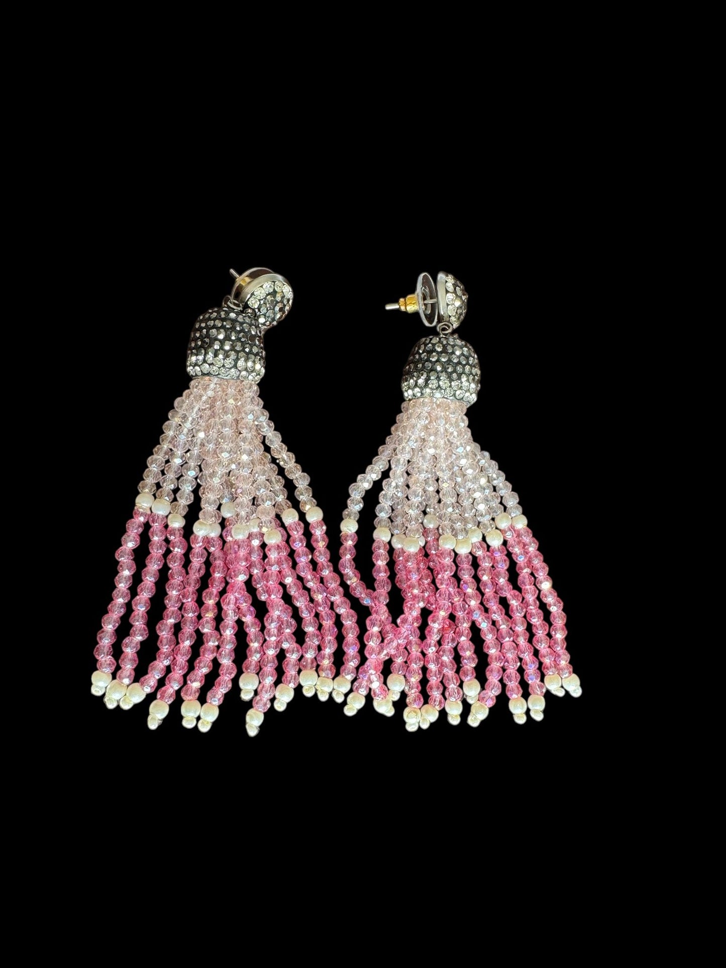 Earing Dual Color Crystal Tassels with Rhinestone Dome Baby Pink / Pink