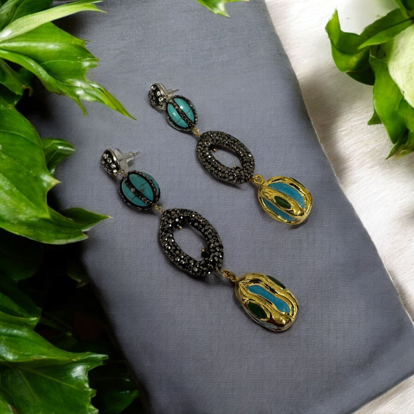 Long Earing having Turkish Rhinestone Charms in Turquoise Color