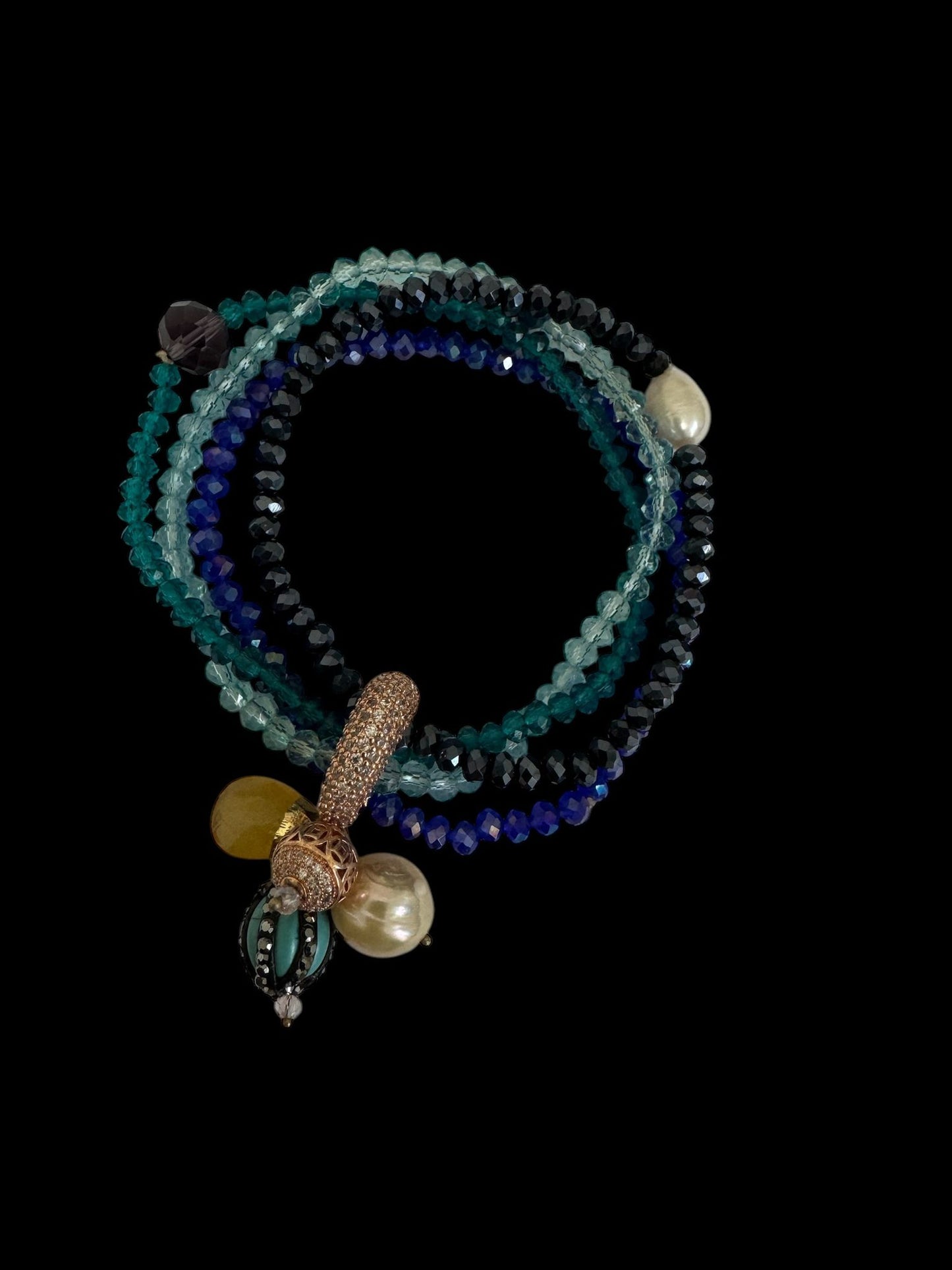 PearlZirk 5 Line Crystal & Freshwater Pearl Elastic Bracelet with Turkish Drops in Blue & Green