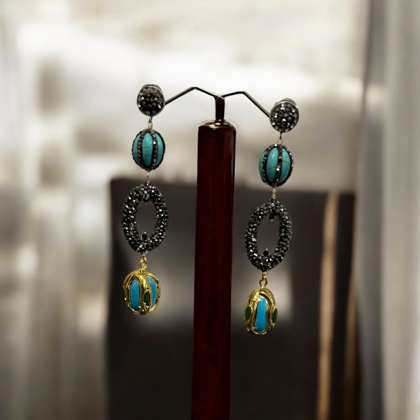 Long Earing having Turkish Rhinestone Charms in Turquoise Color