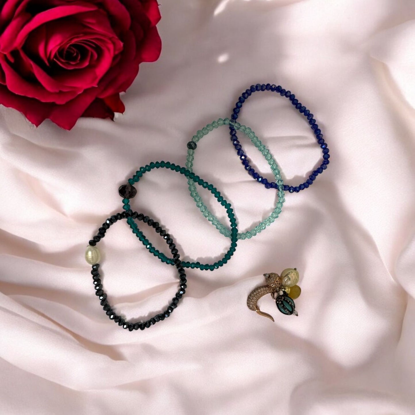 PearlZirk 5 Line Crystal & Freshwater Pearl Elastic Bracelet with Turkish Drops in Blue & Green
