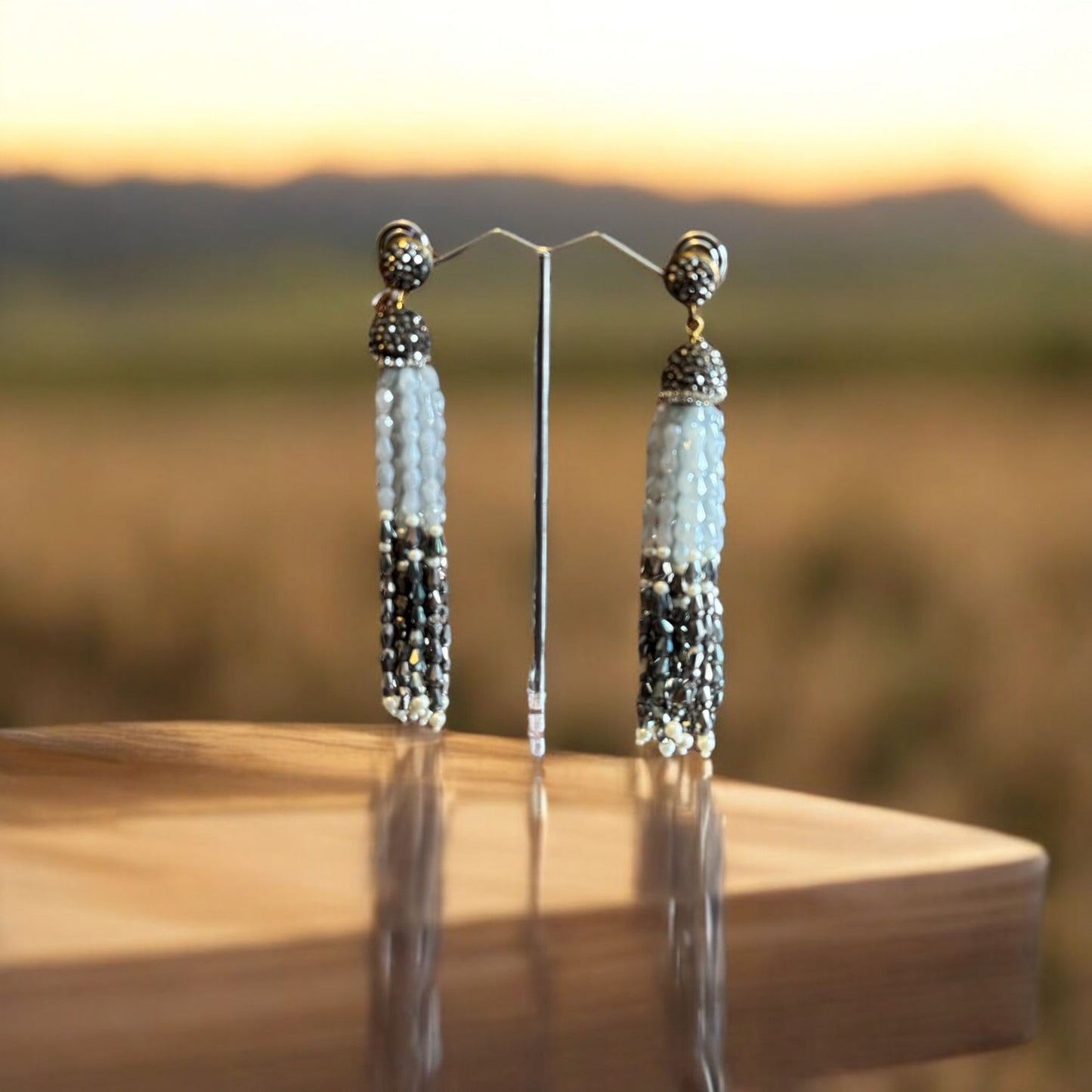 Earring Dual Color Crystal Tassels Long with Rhinestone Dome Grey / Silver