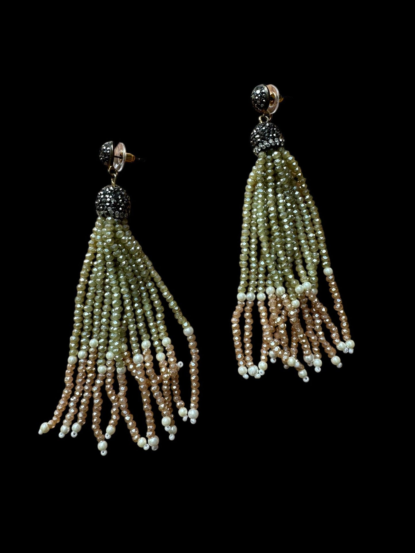 Earring Dual Color Crystal Tassels Long with Rhinestone Dome Green / Brown