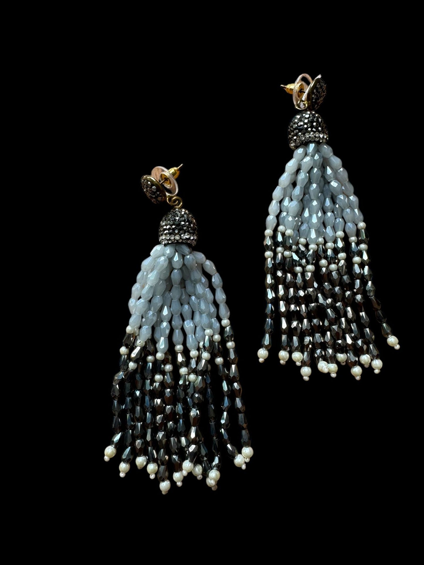 Earring Dual Color Crystal Tassels Long with Rhinestone Dome Grey / Silver