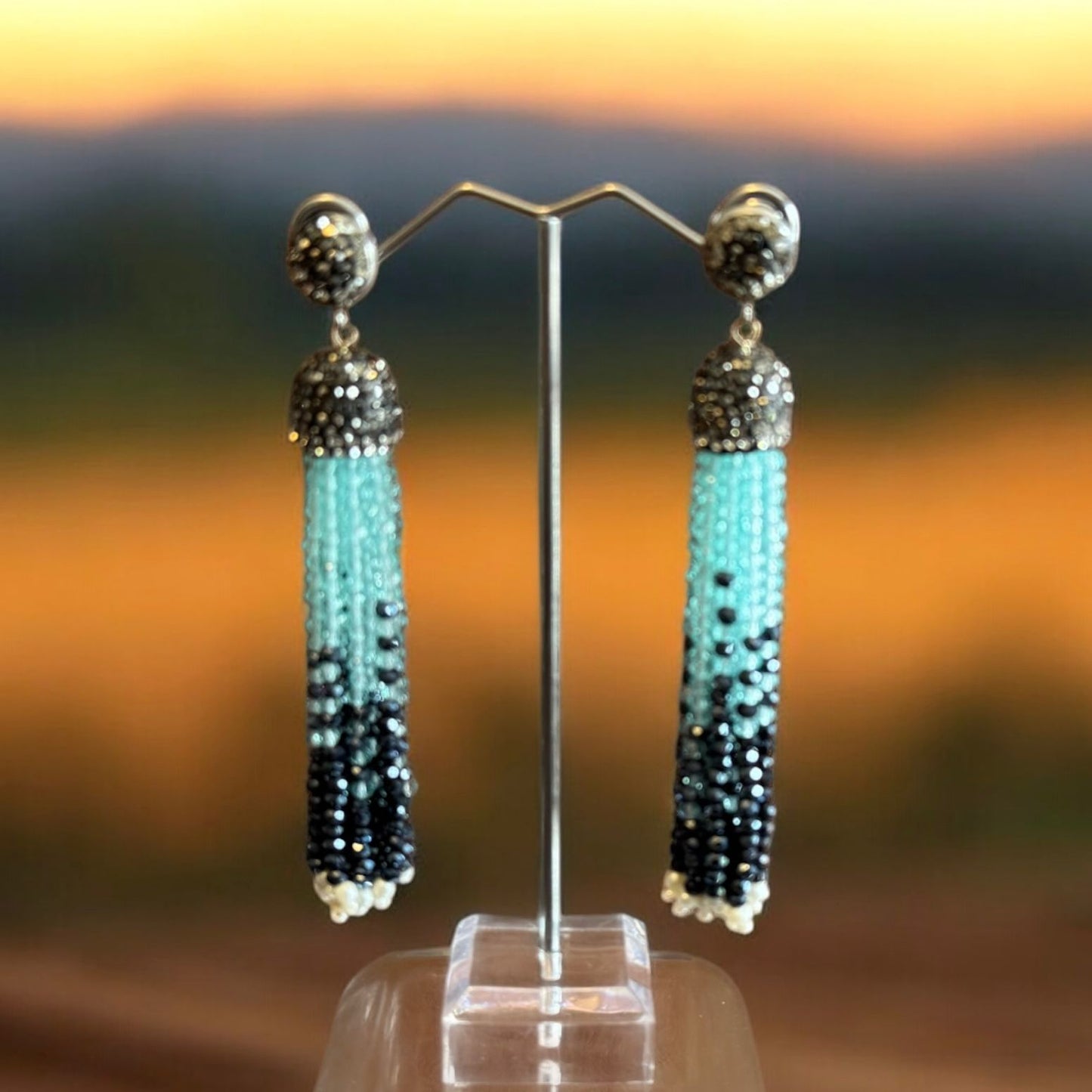 Earring Dual Color Crystal Tassels Long with Rhinestone Dome Sea Green / Navy