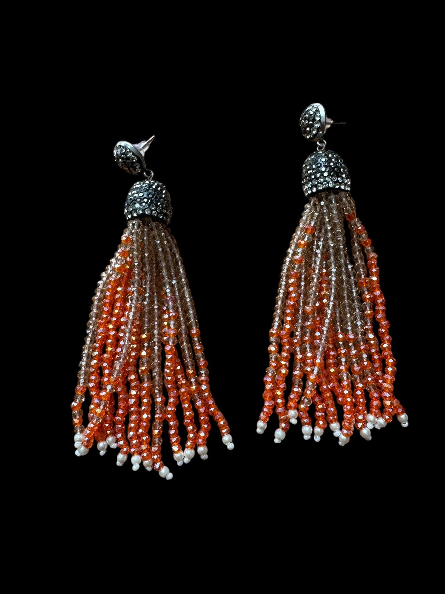 Earring Dual Color Crystal Tassels Long with Rhinestone Dome Brown / Orange