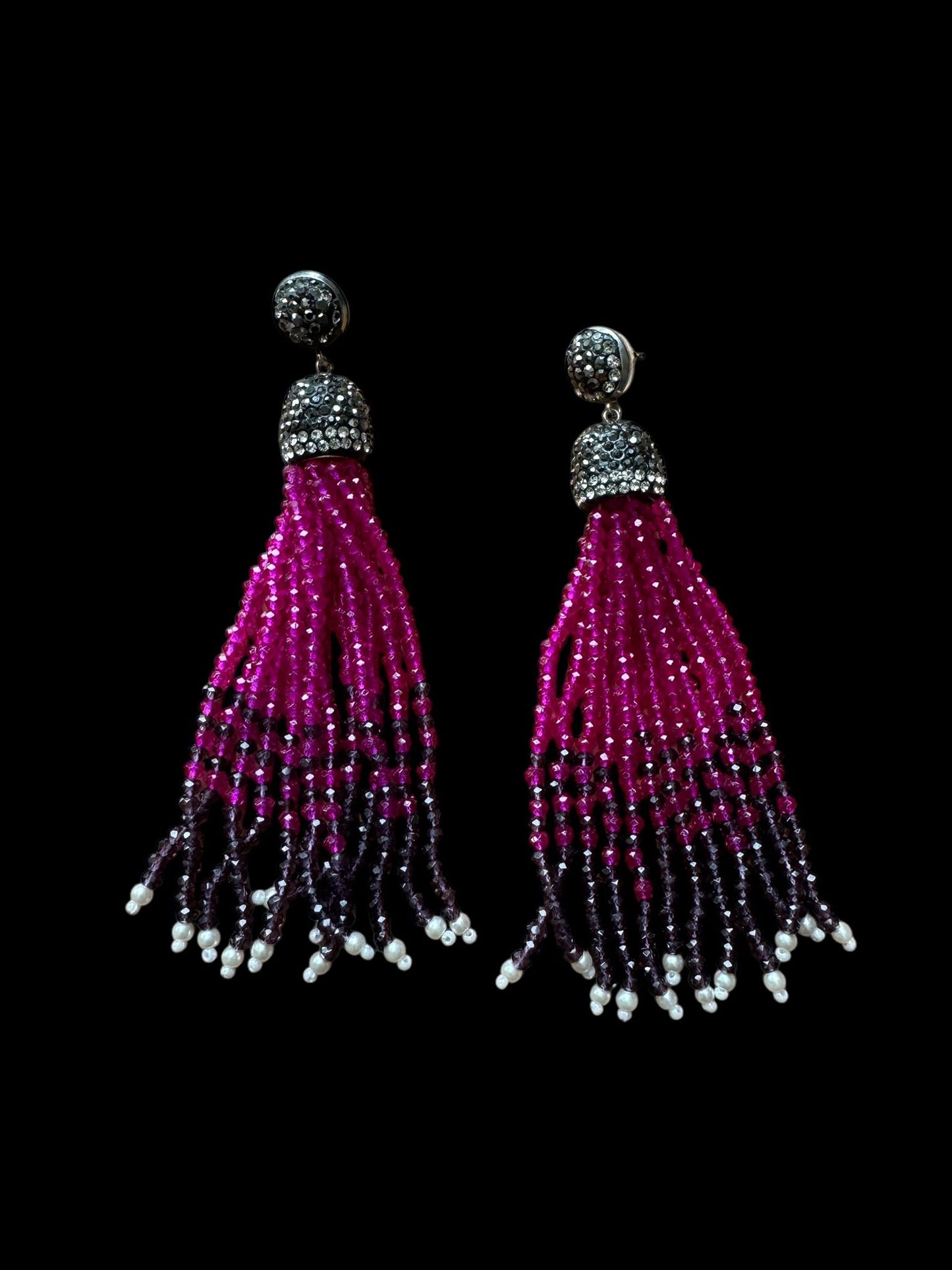 Earring Dual Color Crystal Tassels Long with Rhinestone Dome Hot Pink / Purple