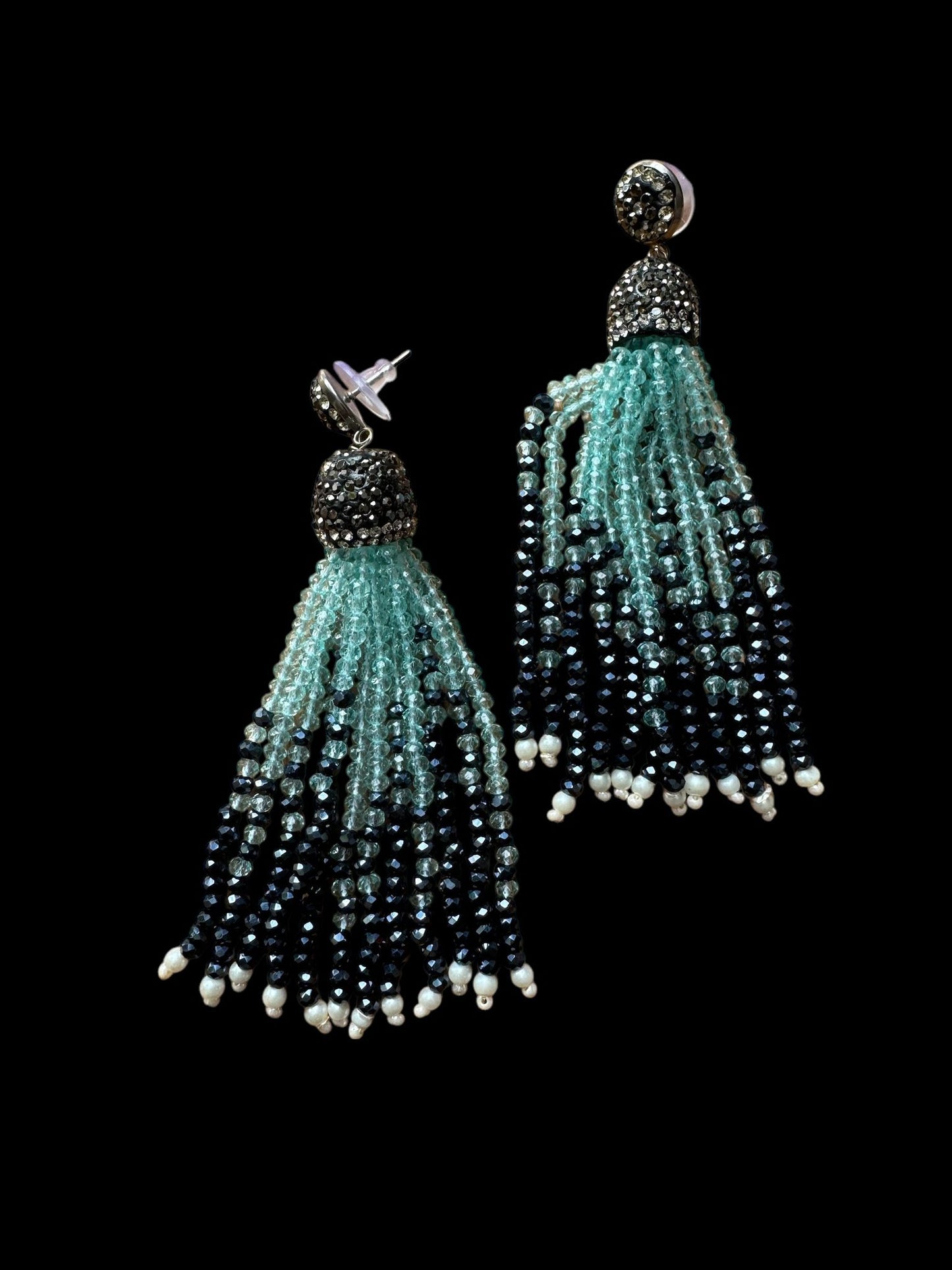 Earring Dual Color Crystal Tassels Long with Rhinestone Dome Sea Green / Navy