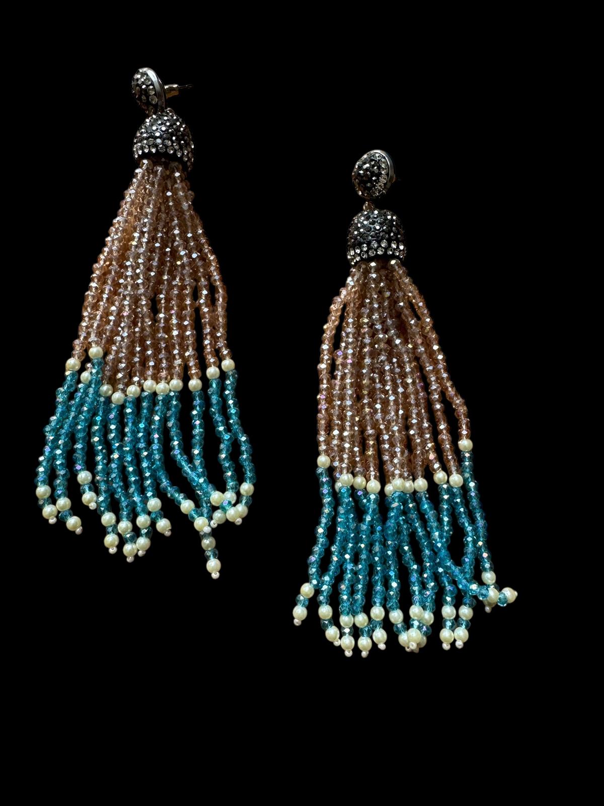 Earring Dual Color Crystal Tassels Long with Rhinestone Dome Brown / Blue