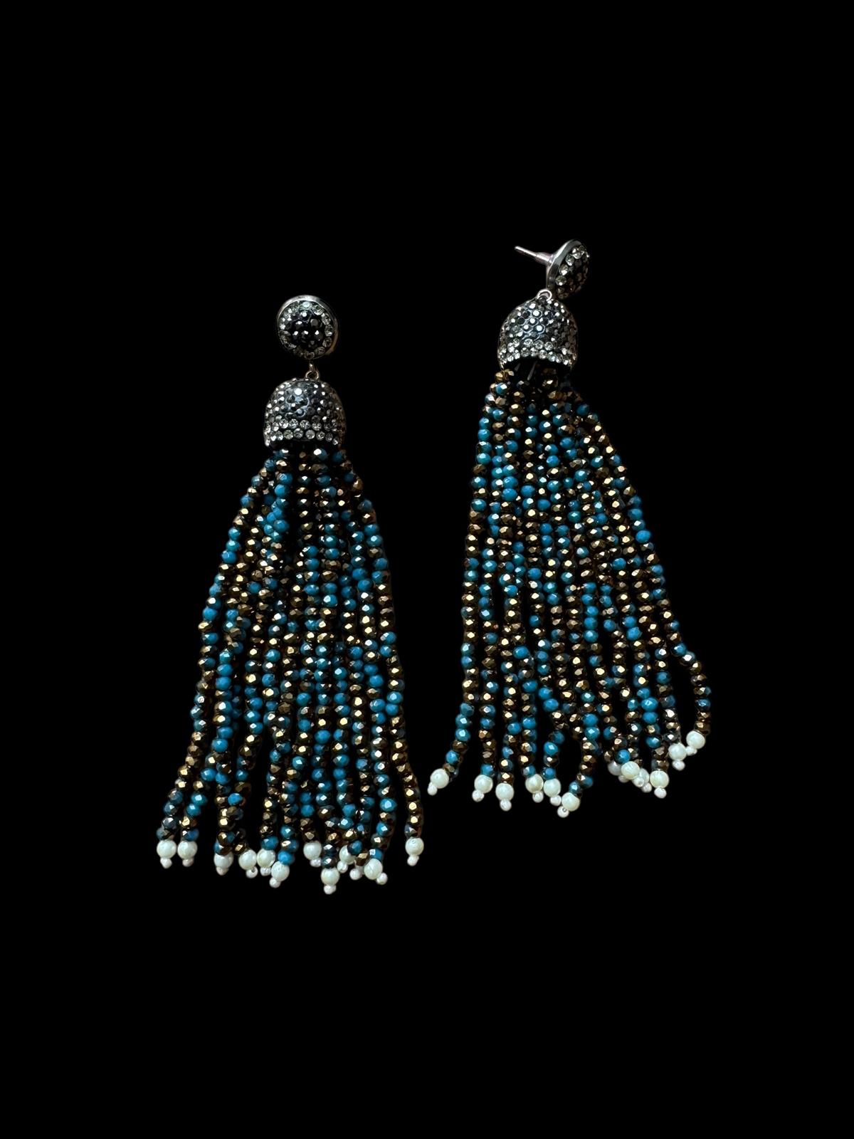 Earring Dual Color Crystal Tassels Long with Rhinestone Dome Turquoise / Bronze