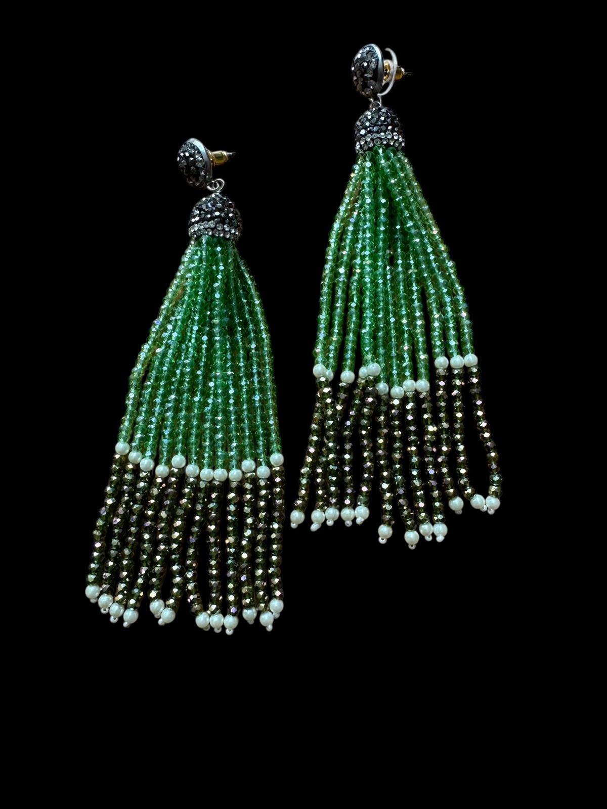 Earring Dual Color Crystal Tassels Long with Rhinestone Dome Green / Metallic Green