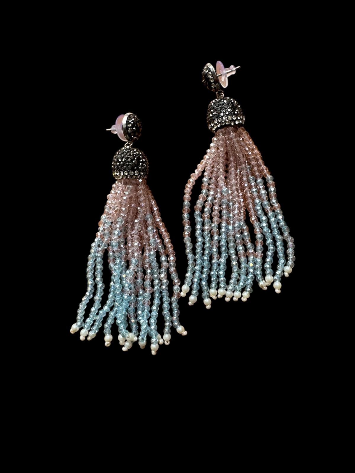Earring Dual Color Crystal Tassels Long with Rhinestone Dome Baby Pink / Powder Blue
