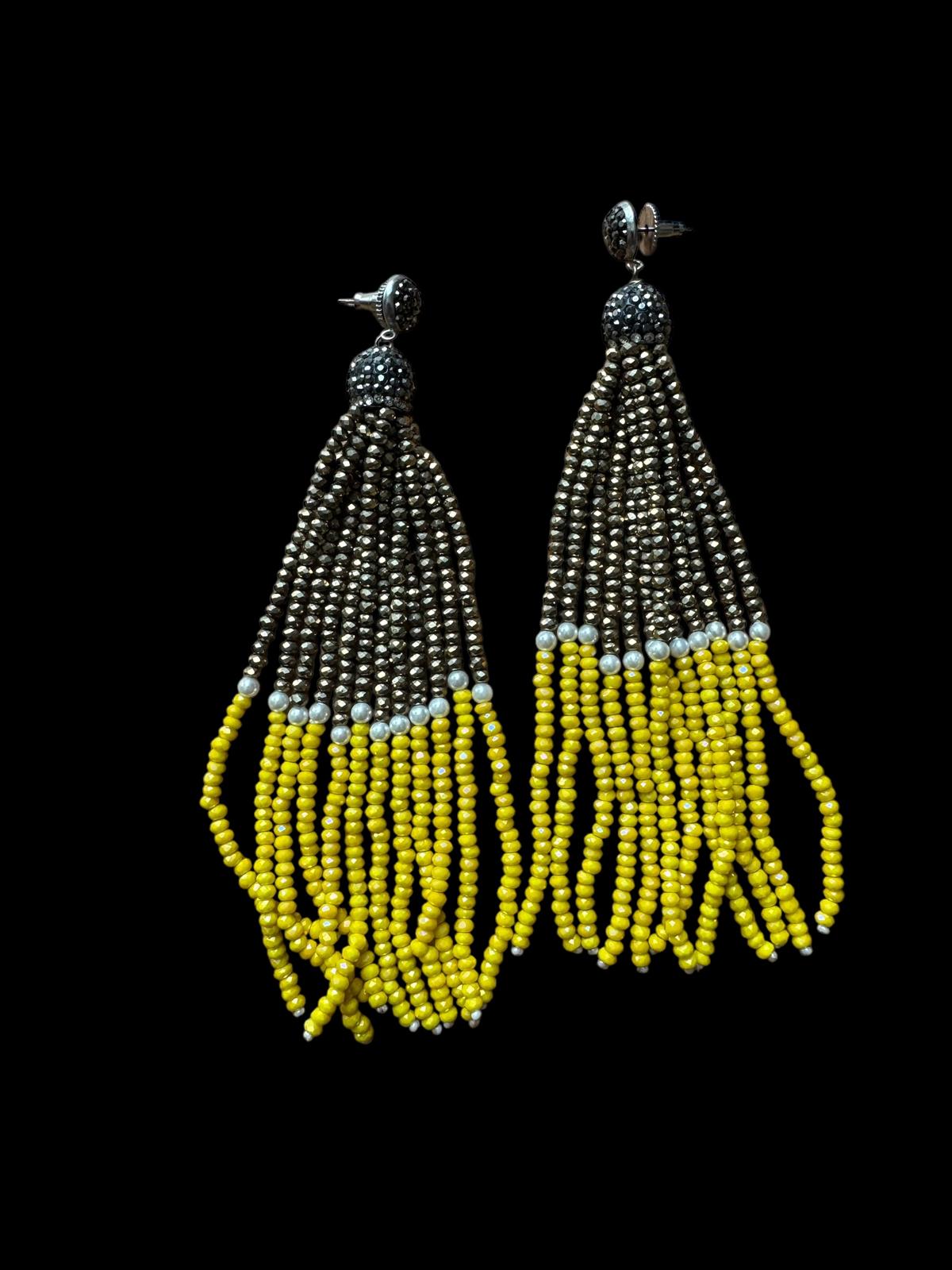 Earring Dual Color Crystal Tassels Long with Rhinestone Dome Gold / Yellow