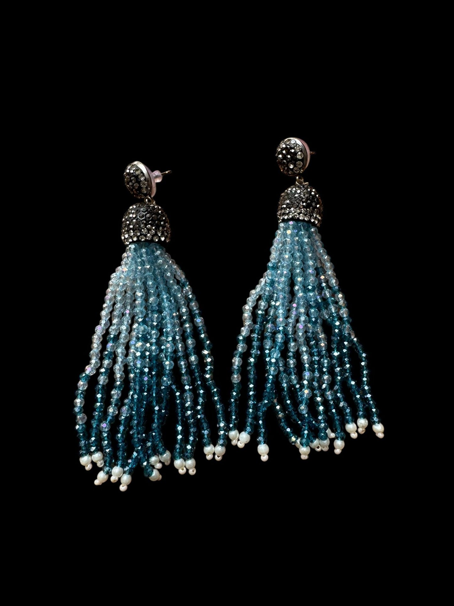 Earring Dual Color Crystal Tassels Long with Rhinestone Dome Powder Blue / Blue