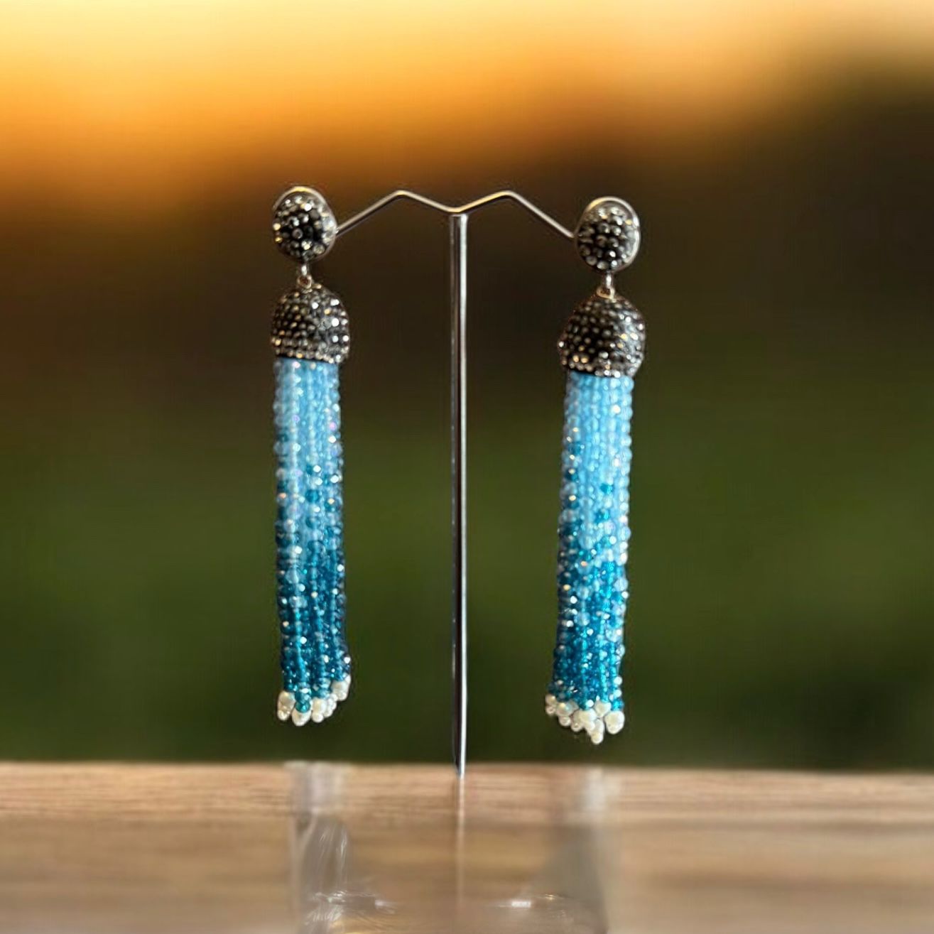Earring Dual Color Crystal Tassels Long with Rhinestone Dome Powder Blue / Blue