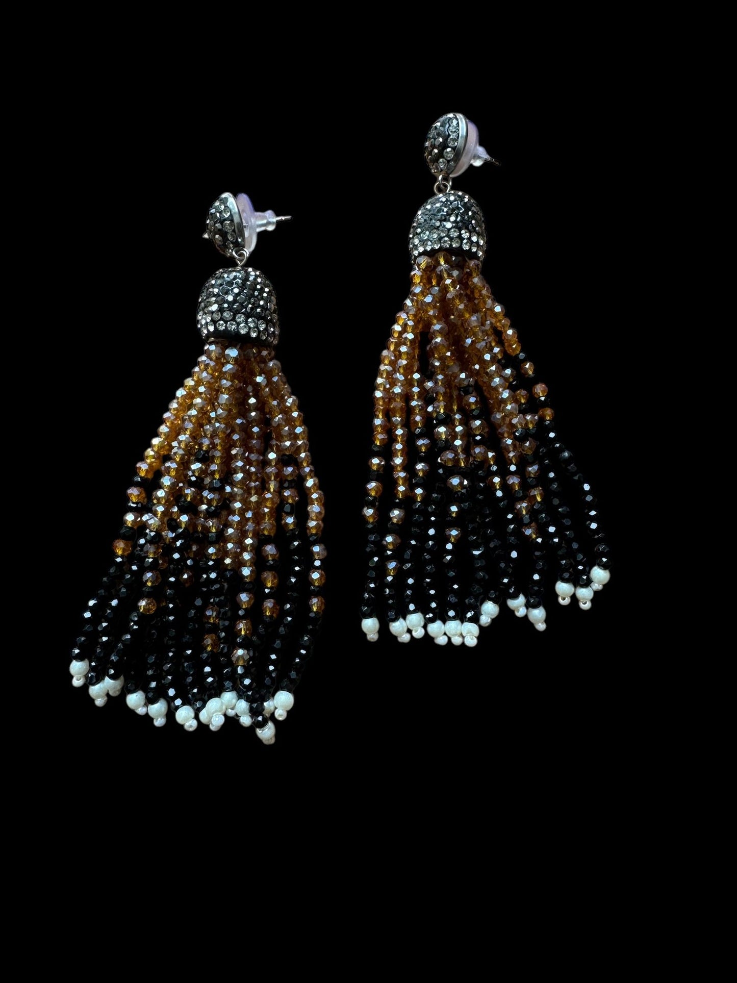 Earring Dual Color Crystal Tassels Long with Rhinestone Dome Topaz / Black