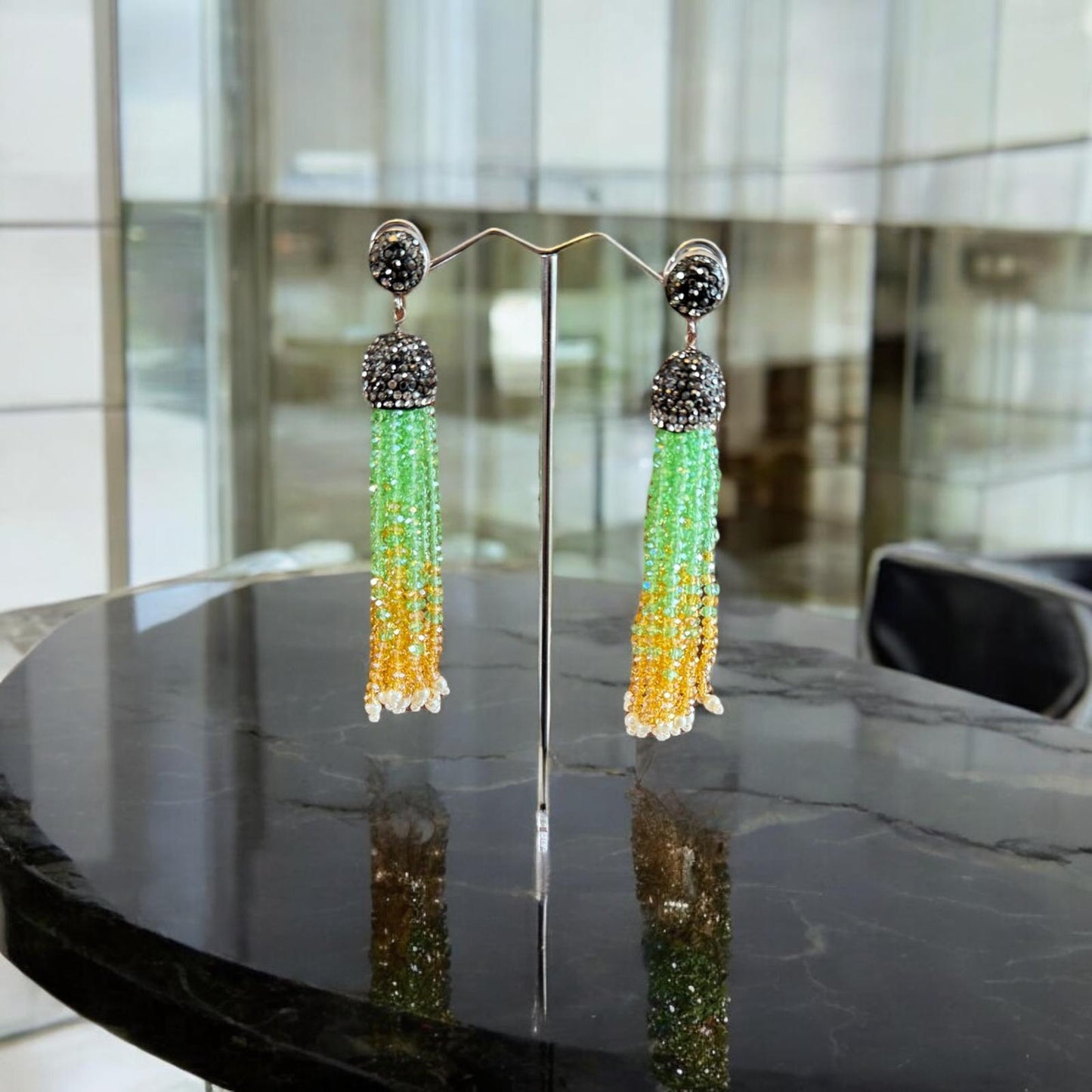 Earring Dual Color Crystal Tassels Long with Rhinestone Dome Green / Yellow