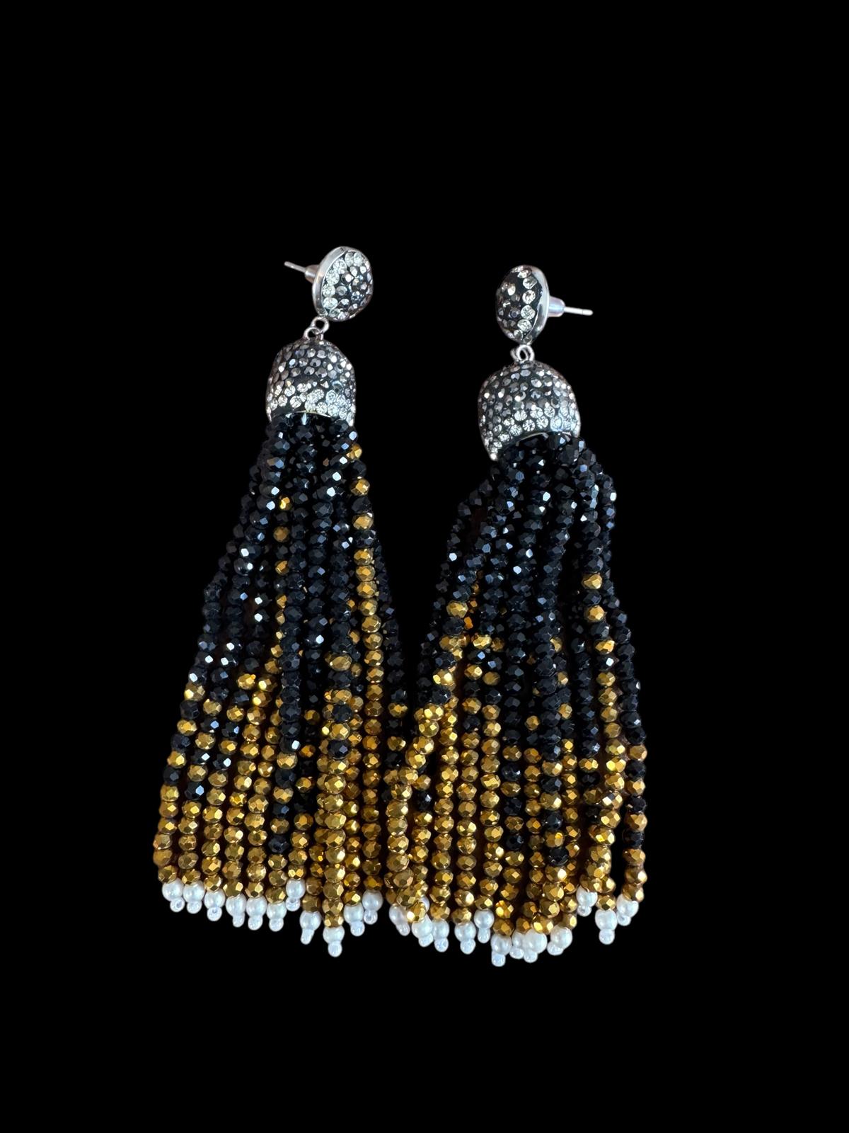 Earring Dual Color Crystal Tassels Long with Rhinestone Dome Black / Gold