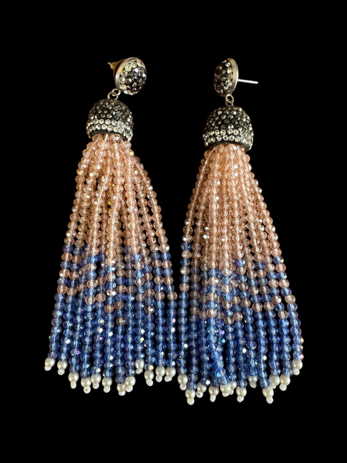 Earring Dual Color Crystal Tassels Long with Rhinestone Dome Peach / Blue