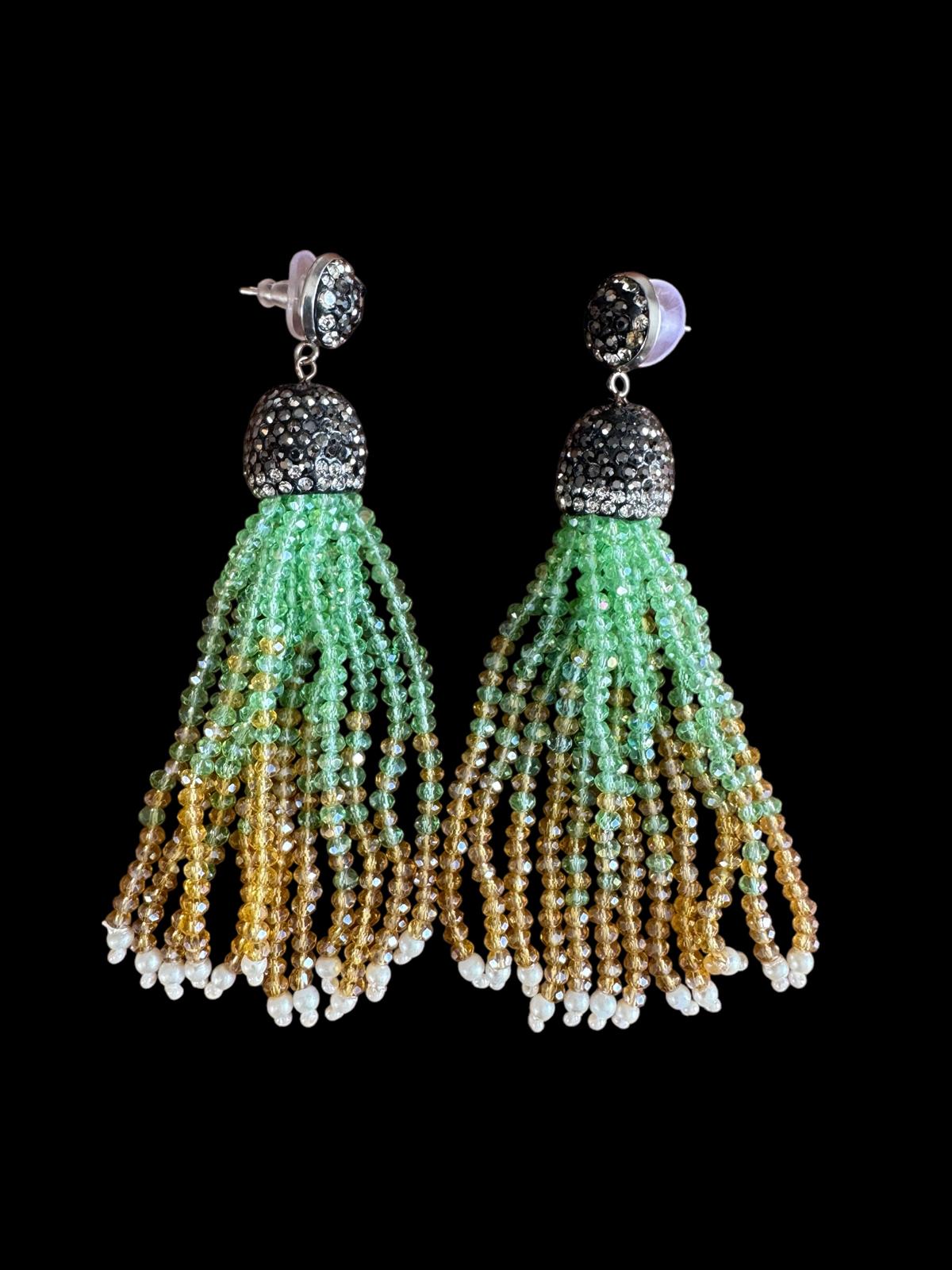 Earring Dual Color Crystal Tassels Long with Rhinestone Dome Green / Yellow