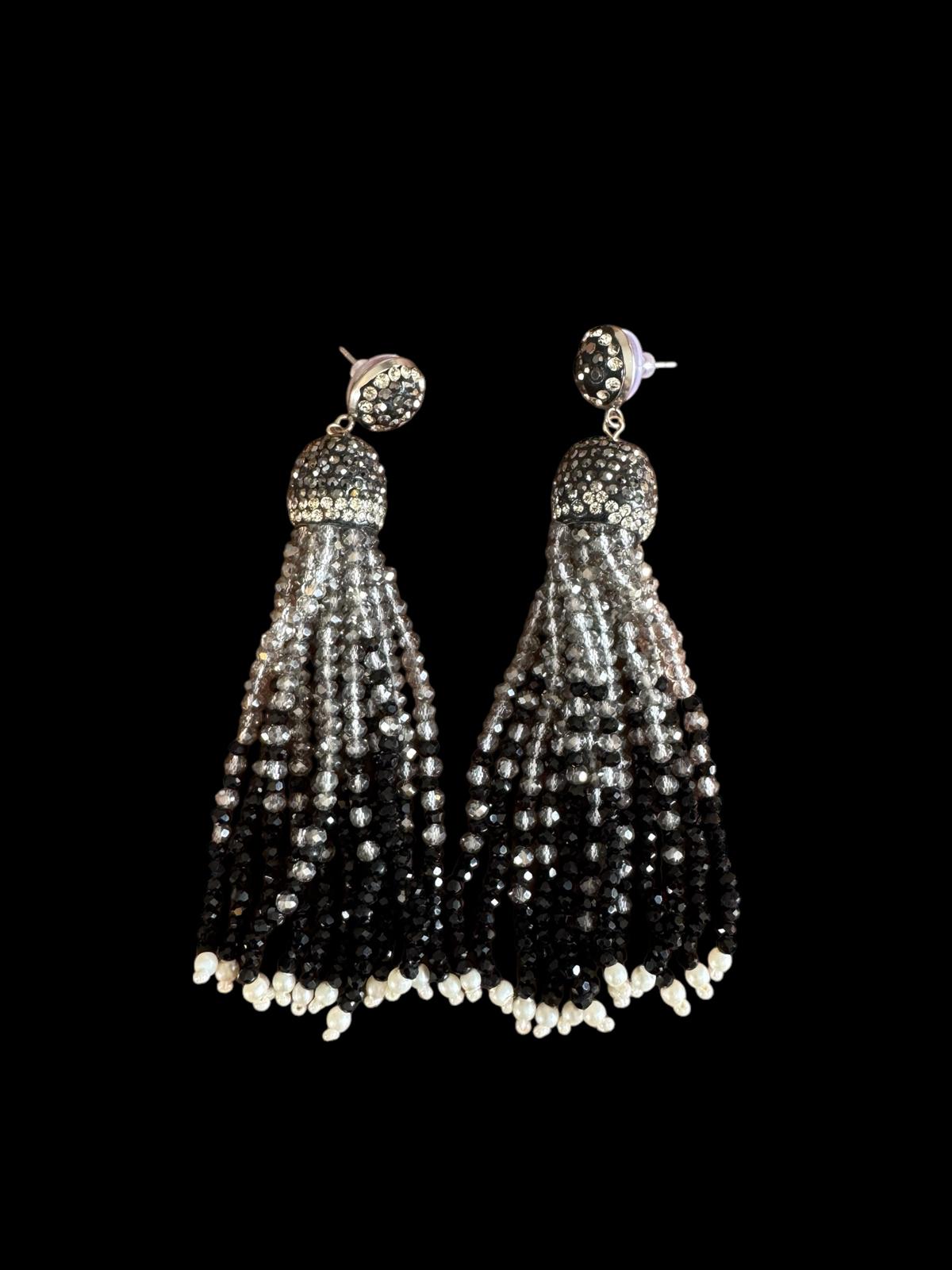 Earring Dual Color Crystal Tassels Long with Rhinestone Dome Silver / Black