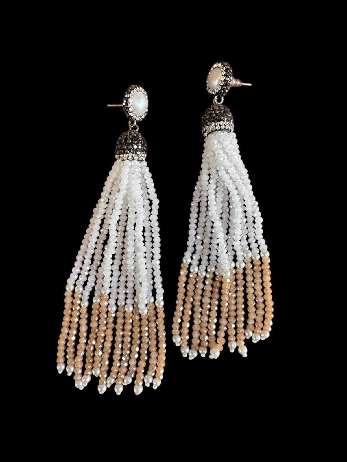 Earring Dual Color Crystal Tassels Long with Rhinestone Dome White / Brown