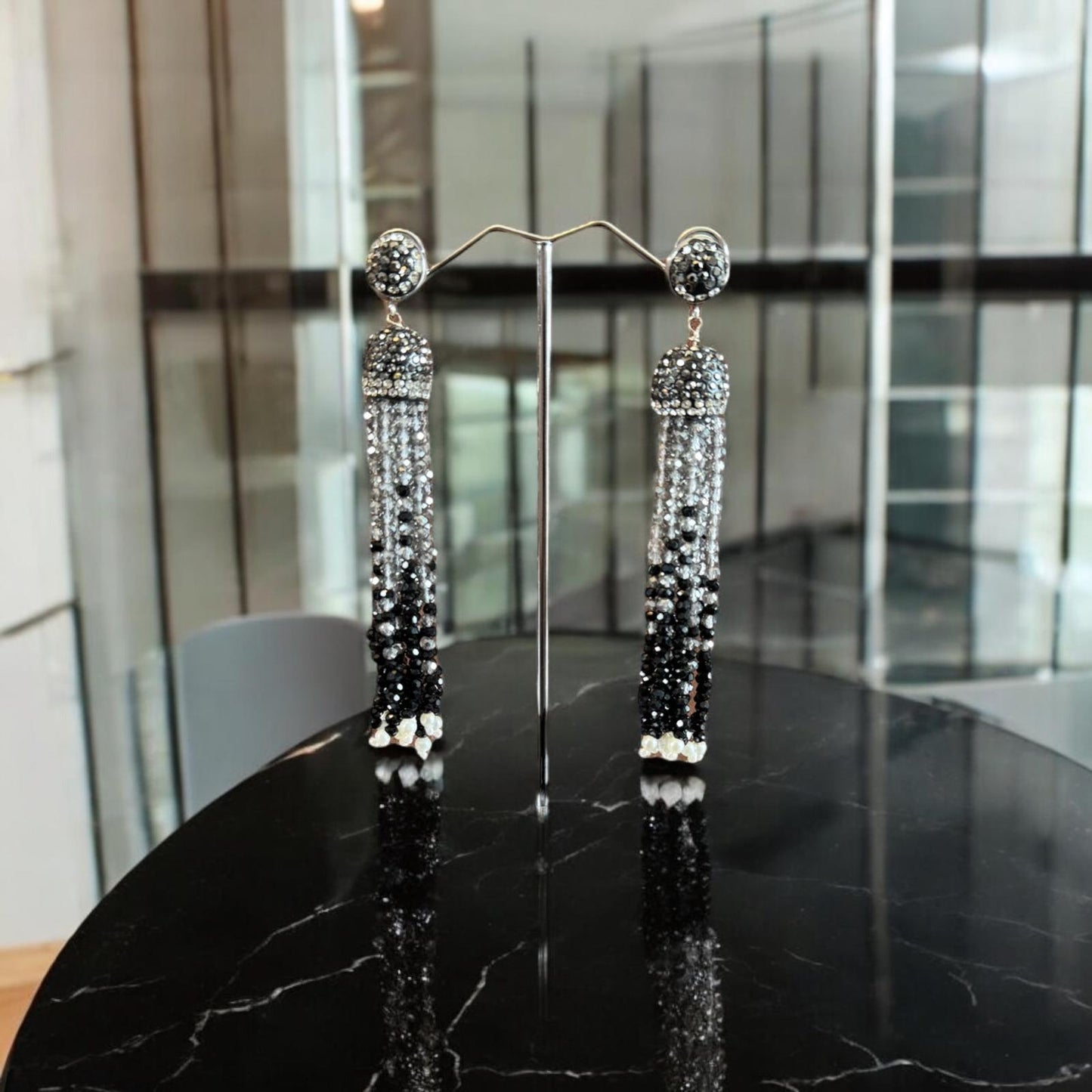 Earring Dual Color Crystal Tassels Long with Rhinestone Dome Silver / Black