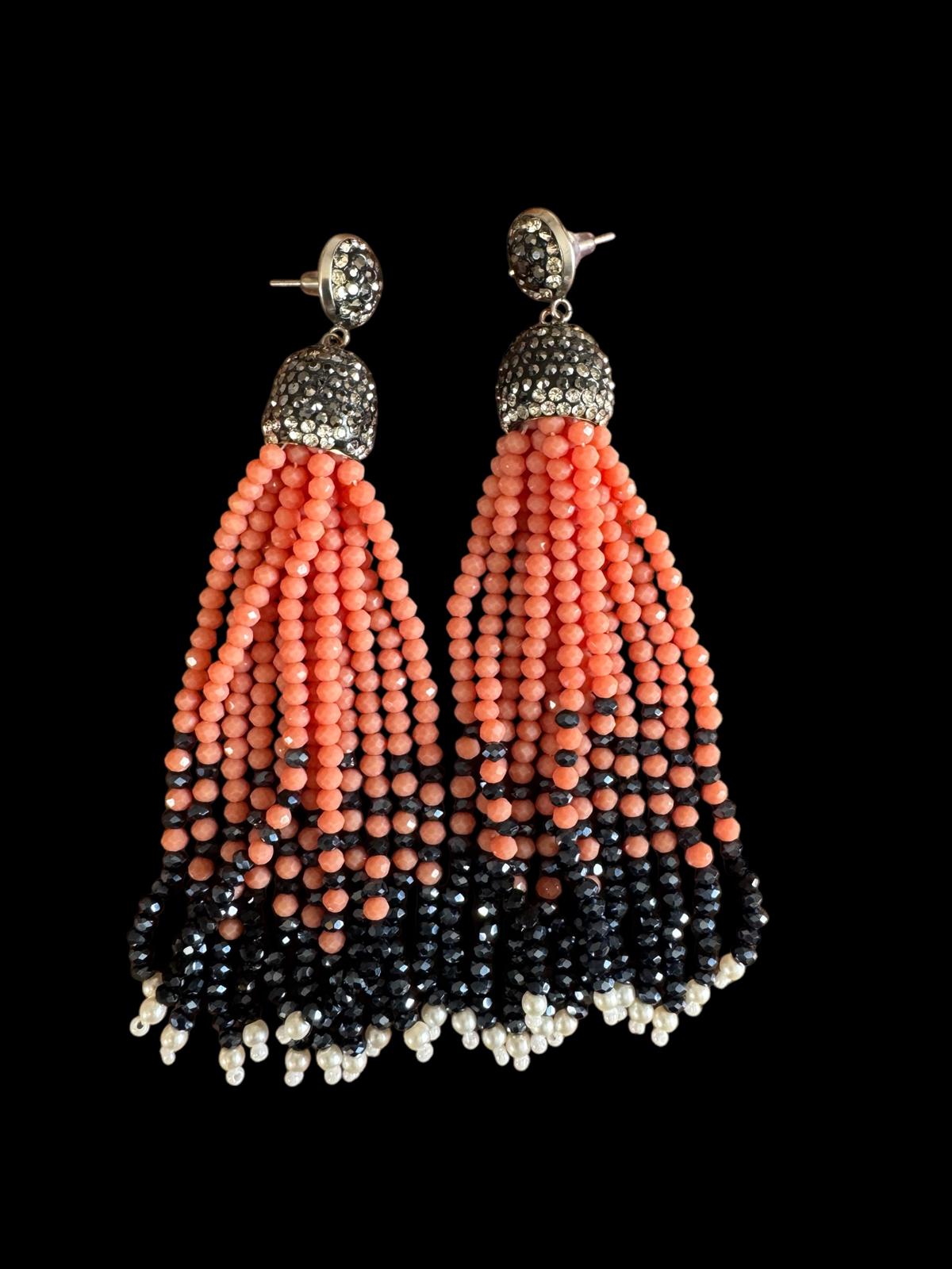 Earring Dual Color Crystal Tassels Long with Rhinestone Dome Coral / Navy